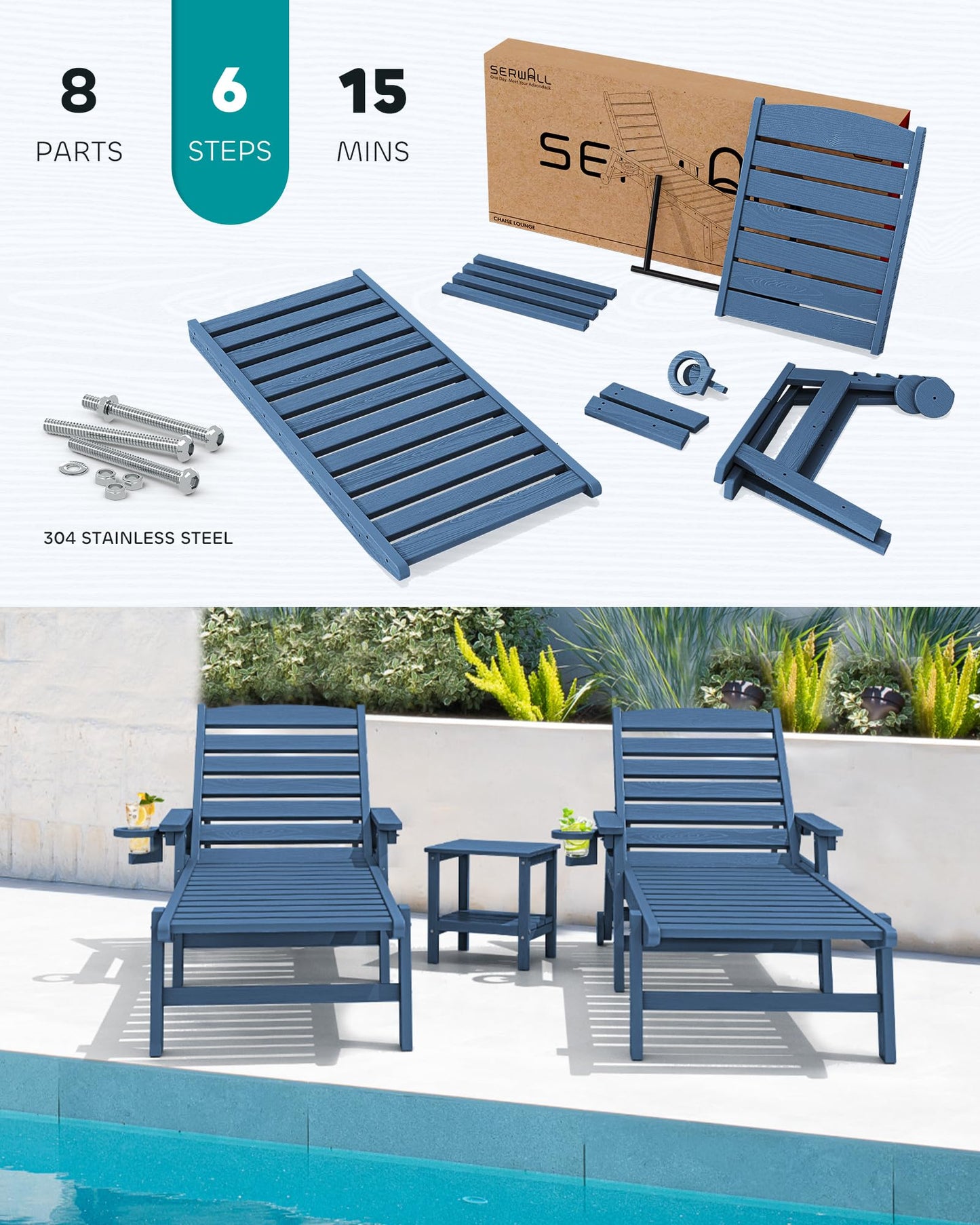 SERWALL Patio Chaise Lounge Chair Set of 2, 78'' Long 5-Positions Adjustable HDPE Outdoor Lounge Chair for Pool, Poly Lounge Chair with Rolling Wheels & Cup Holder for Poolside, Deck, Blue