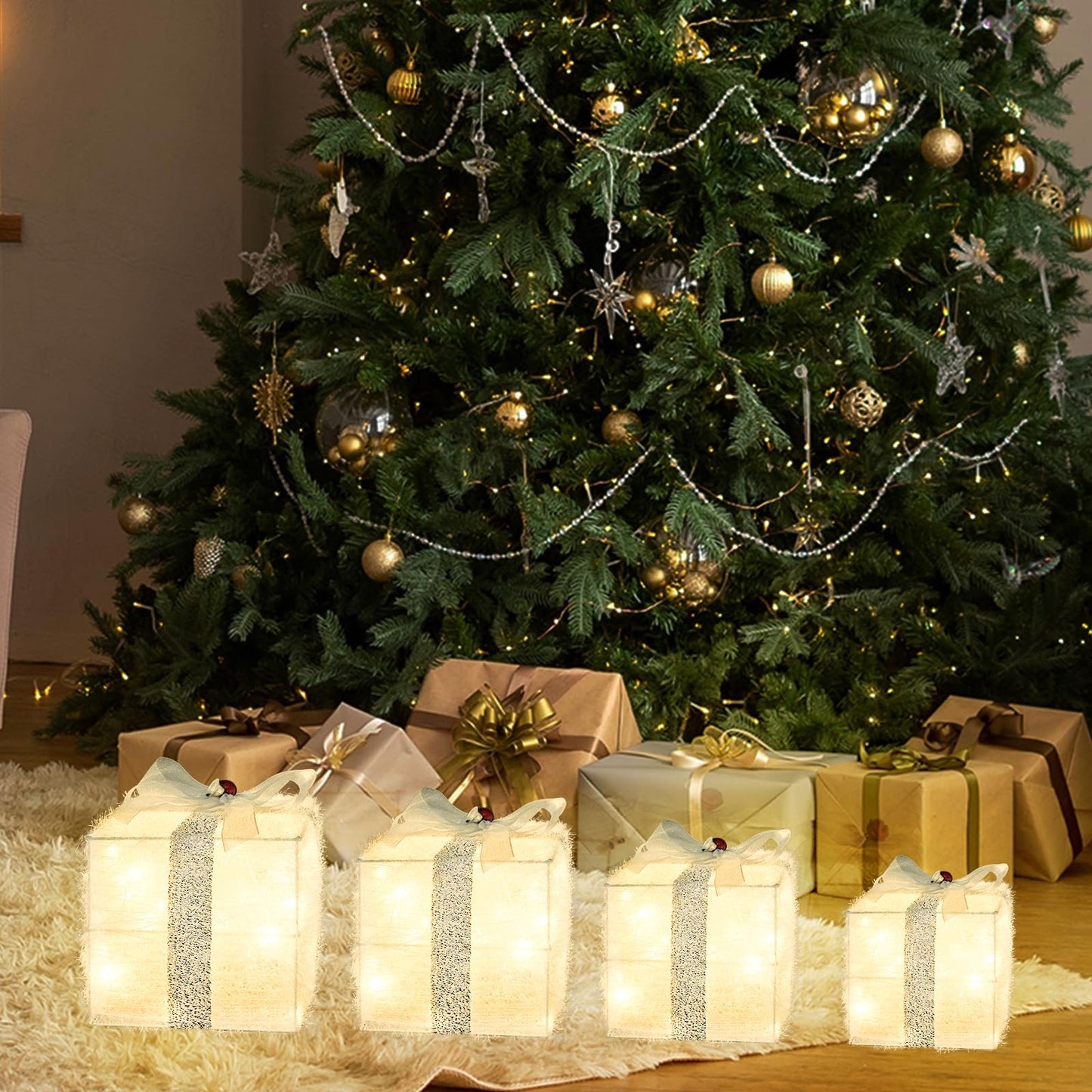 COVFEVER Christmas Lighted Gift Boxes Decorations Set of 4, 2.8Ft Stackable Christmas Nesting Boxes Battery Operated for Home and Party Decoration (8"-6"-5"-4", Silver Bow)