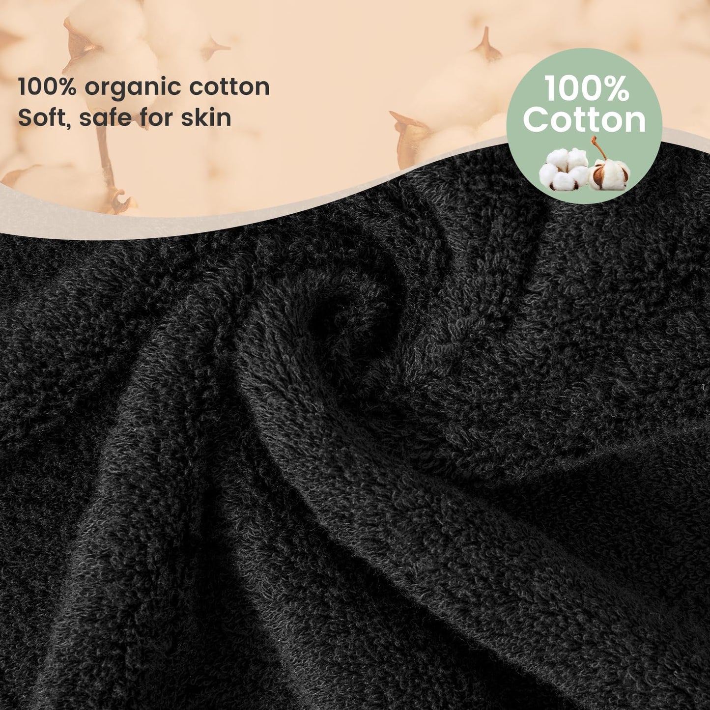 SEMAXE Solid 6-Piece Towel Set, Black, 600GSM 100% Cotton, 2 Each of Bath Towel, Hand Towel, and Washcloths, Gift Box Packaging, Hanging Loop Design