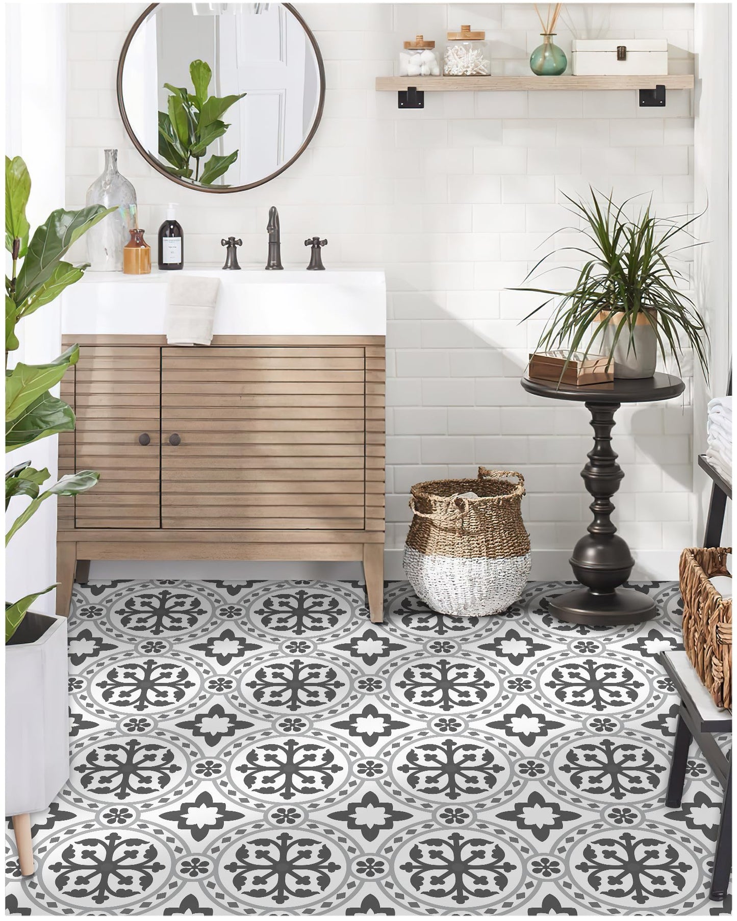 MORCART Peel and Stick Floor Tile - 20 PCS, 11.8" x 11.8" Vinyl Flooring - Waterproof Self-Adhesive Floor Tile for Bathroom, Kitchen, Living Room, Bedroom - White & Gray Retro Floral Look