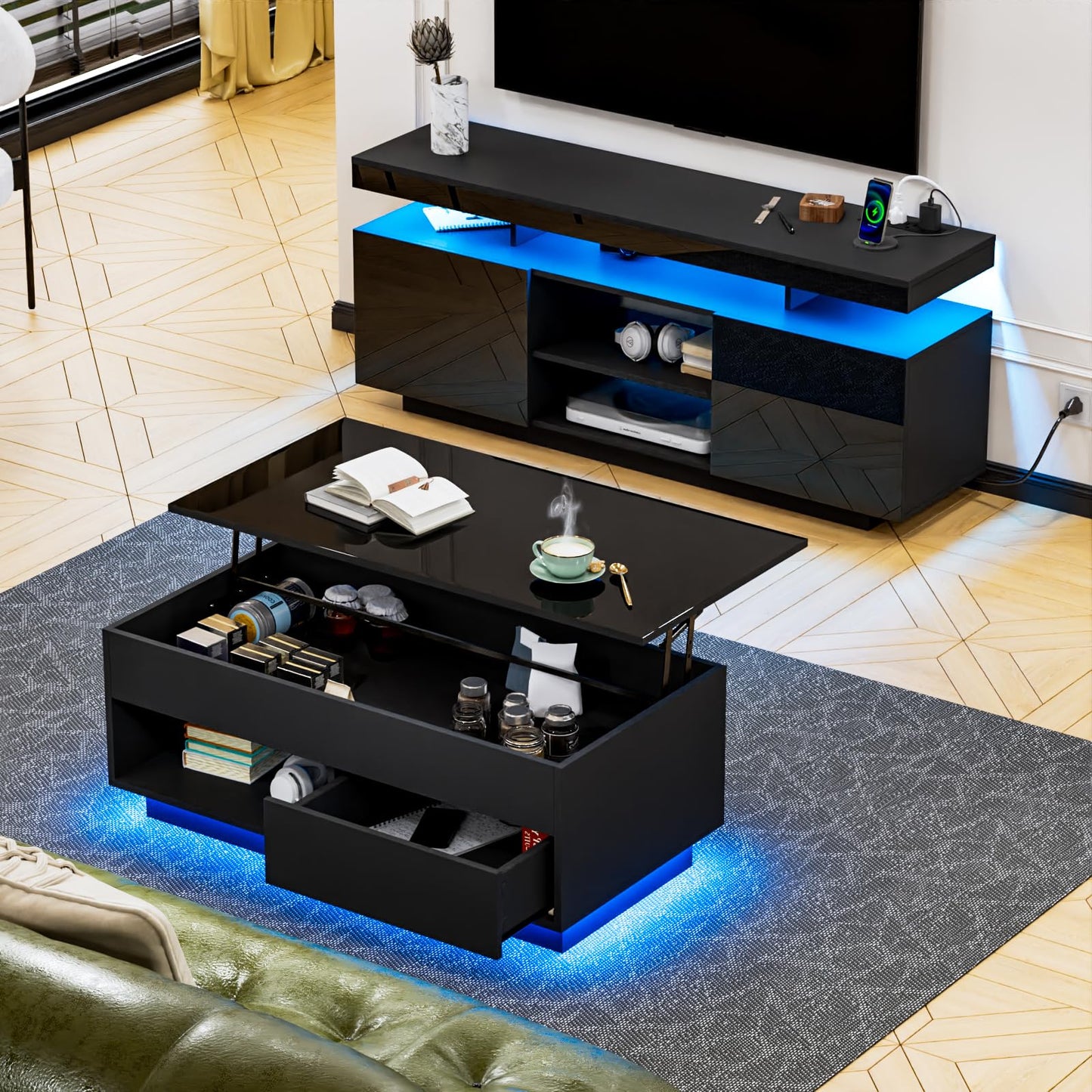 LED Coffee Table Black Lift Top Coffee Table with Storage Modern Tea Table with Drawer Lift Up Dining Center Table with LED Light for Living Room Home Office