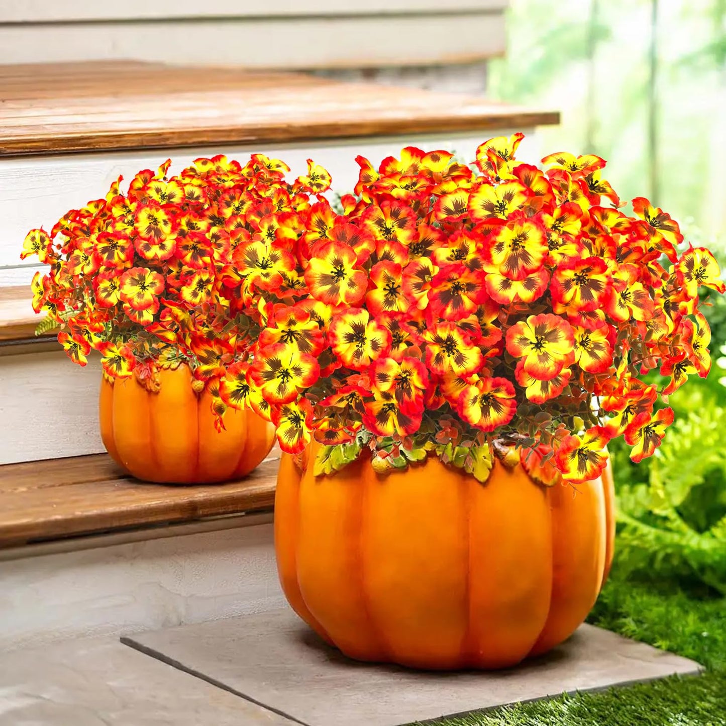 Grunyia 12 Bundles Artificial Flowers Outdoor Fake Fall Flowers for Outside Decoration UV Resistant Plastic Faux Plants for Garden Window Porch Balcony Fall Wedding Thanksgiving Decor