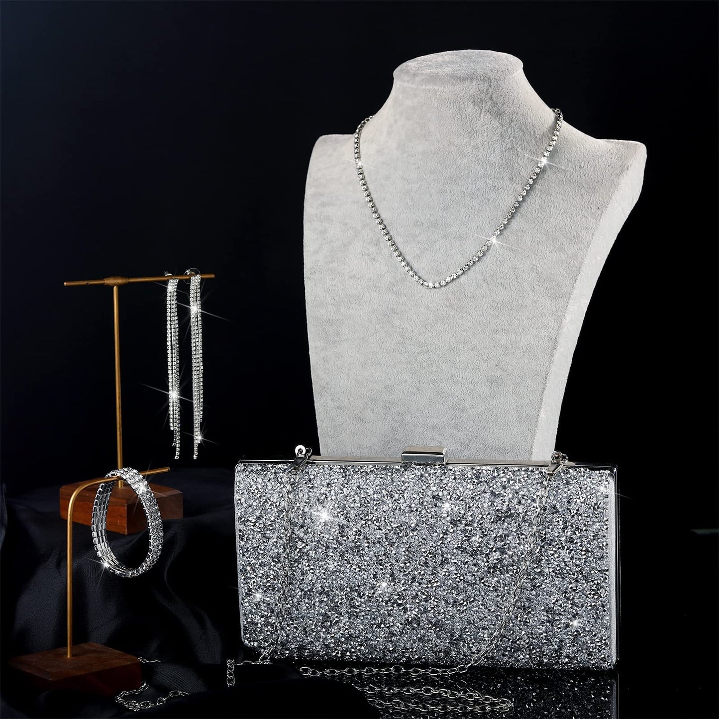 Kigeli 4 Pieces Women Rhinestone Evening Clutch Bag Bling Earring Necklace Bracelet for Wedding Formal(Silver)