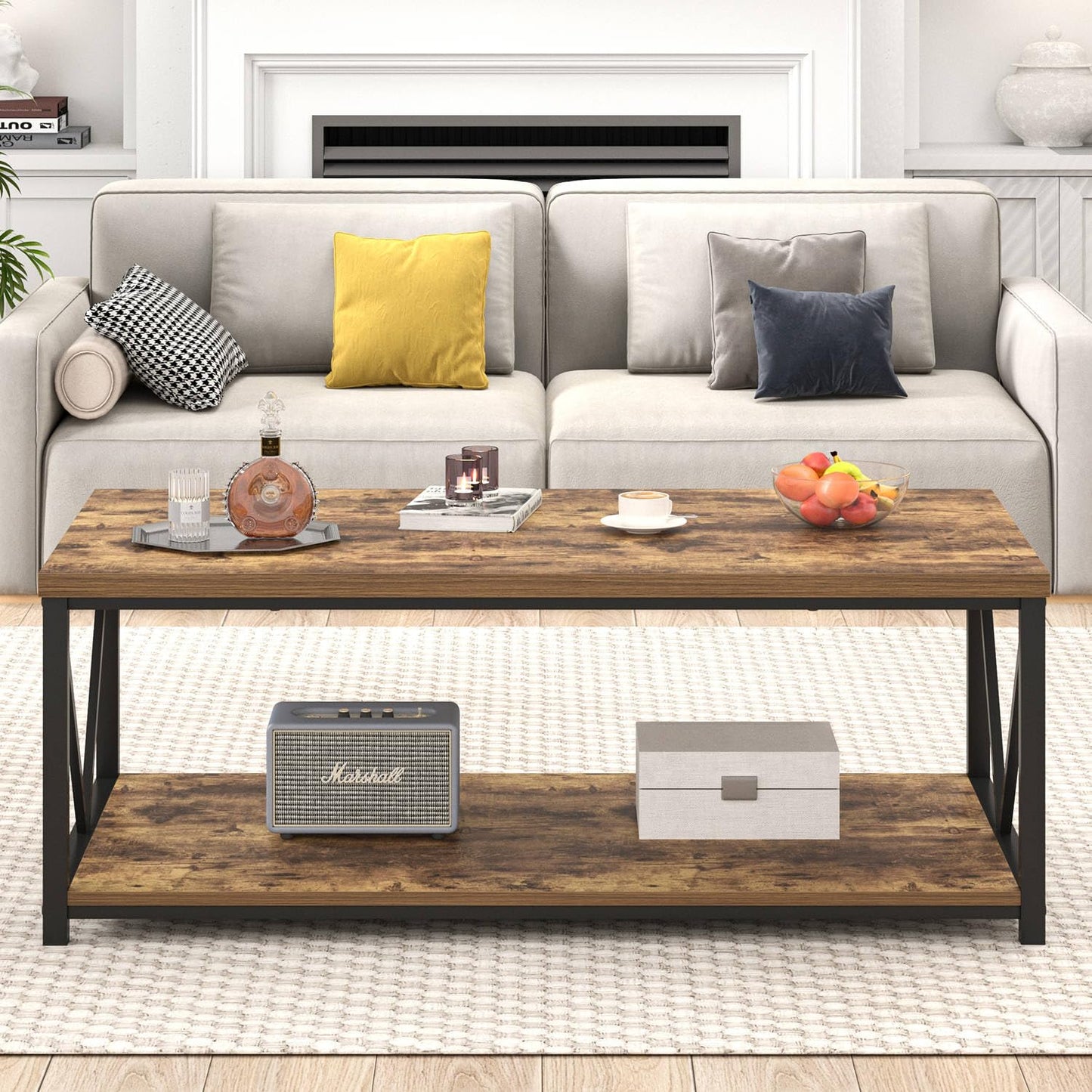 EXCEFUR Modern Coffee Table, Rustic Wood and Metal Living Room Table with Storage Shelf, Industrial Rectangle Center Table, 47 Inch Brown