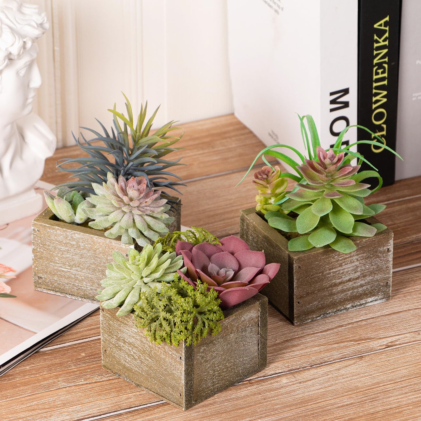 Mingfuxin Succulents Plants Artificial, Mini Assorted Green Fake Plants in Pots, Small Artificial Succulent Plant with Wood Potted for Bathroom Home Office Living Room Table Decor Indoor, Set of 3