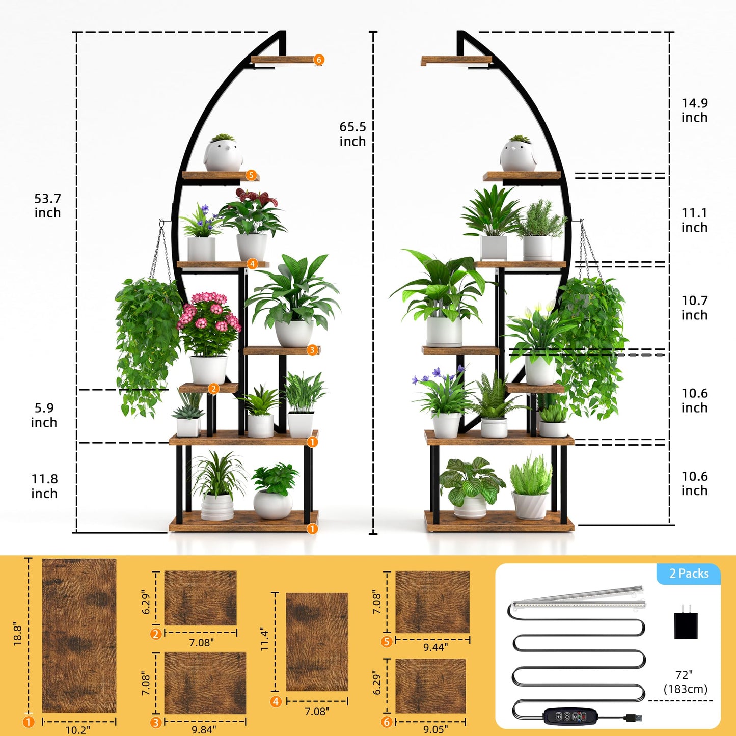 Plant Stand Indoor with Grow Lights: Large Plant Shelf for Multiple Plants, 2 Pack Plant Shelves 7 Tiered, Lighted Corner Flower Stands Half Moon, Black Plant Holders Indoor Tall for Living Room Patio