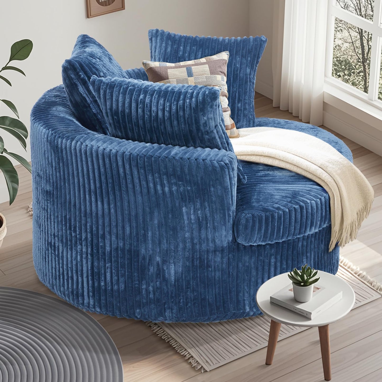 DIFYHOMEY 59 Inch Oversized Chaise Lounge Chair Indoor, Round Corduroy Chaise Lounge Sofa Bed with Throw Pillows and Backrest, Plush Sleeper Chair Bed for Living Room Bedroom,No Assembly Required