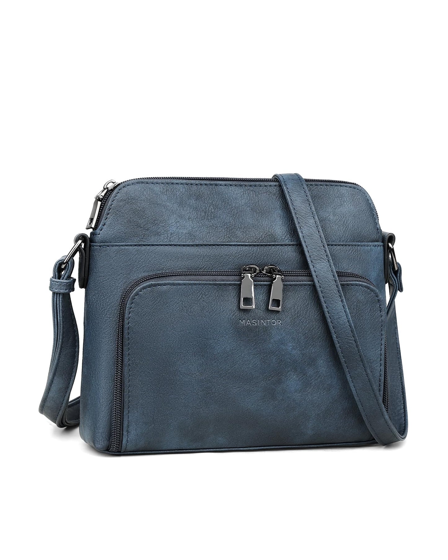 MASINTOR Crossbody Purse Bags for Women, Multi-Pocket Soft Leather Shoulder Purse, Lightweight Travel Handbag with Adjustable Strap Gray-Blue