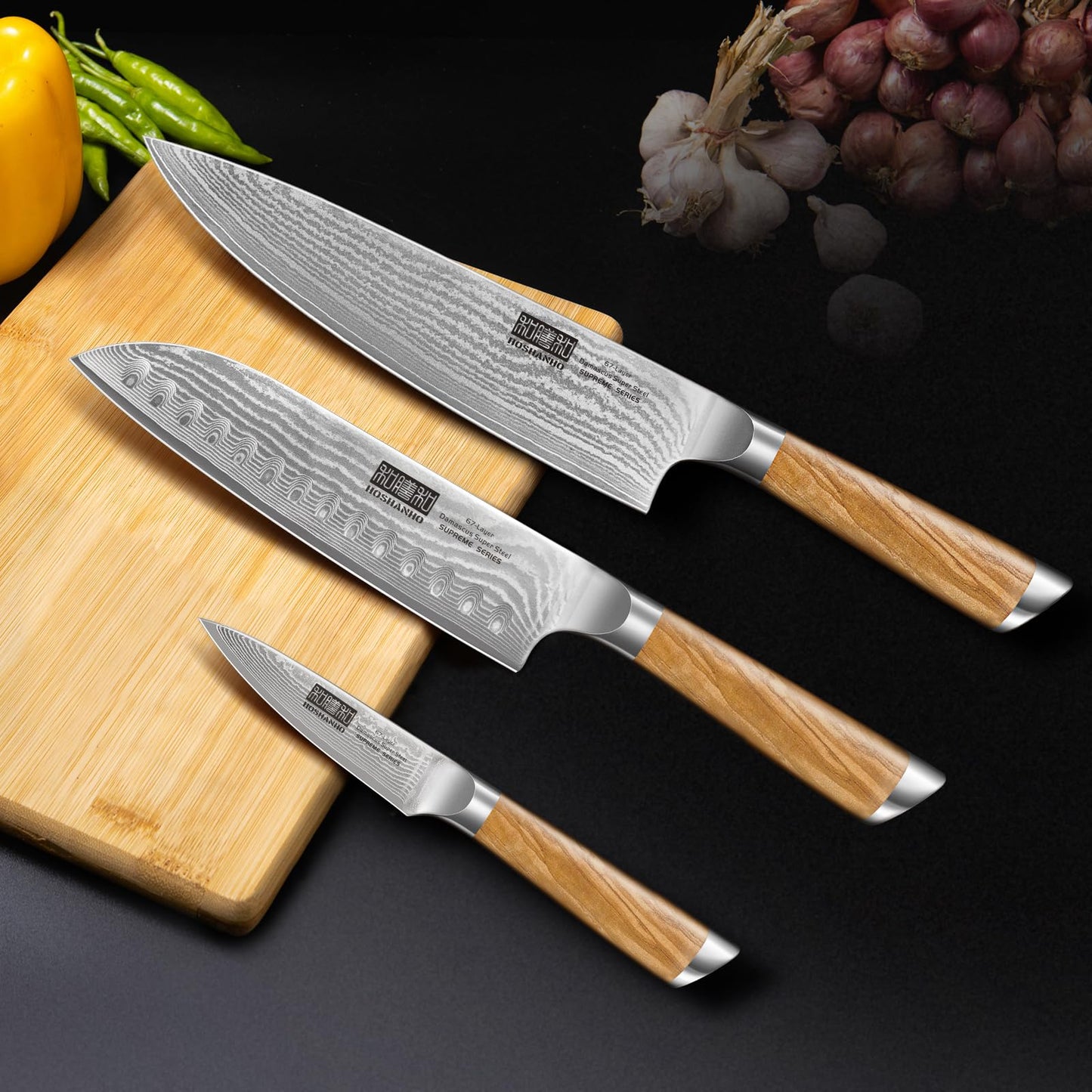 HOSHANHO Damascus Kitchen Knife Set 3-Piece, Ultra Sharp 8" Chef Knife, 7" Santoku Knife, 3.75" Paring Knife, Professional VG-10 Damascus Super Steel Chef Knife Set with Ergonomic Handle