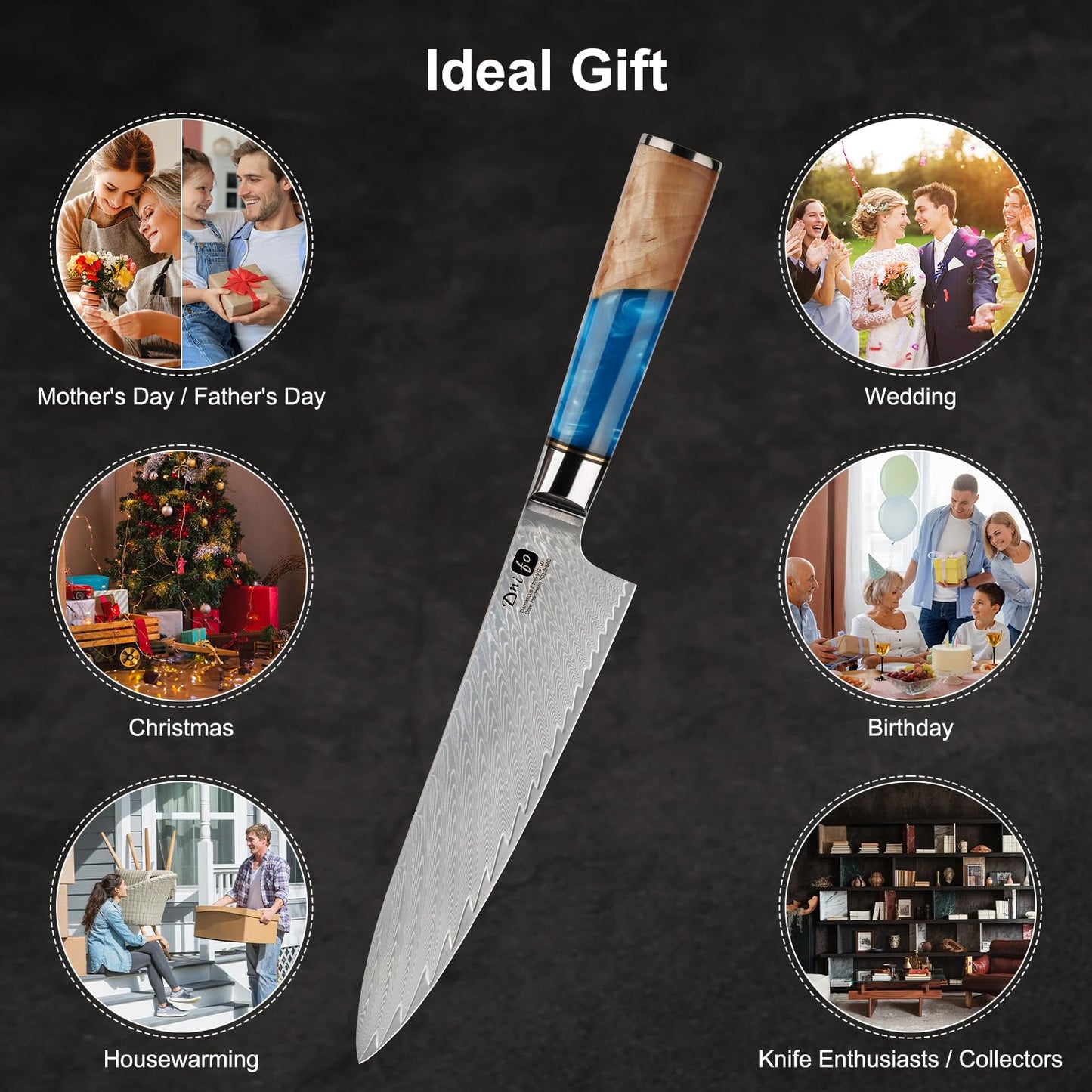 Dnifo Chef Knife 8 Inch, Damascus VG-10 Steel Sharp Japanese Kitchen Knife with Gift Box and Resin Wood Handle, Ideal Gift for Men and Women