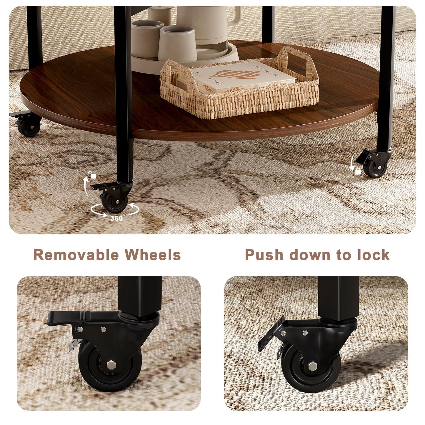 FABATO Round Lift Top Coffee Table With Wheels, 26.77'' Rolling Center Table With Storage and Compartment for Living Room, 2 Tier Small Circle Dining Table, Espresso