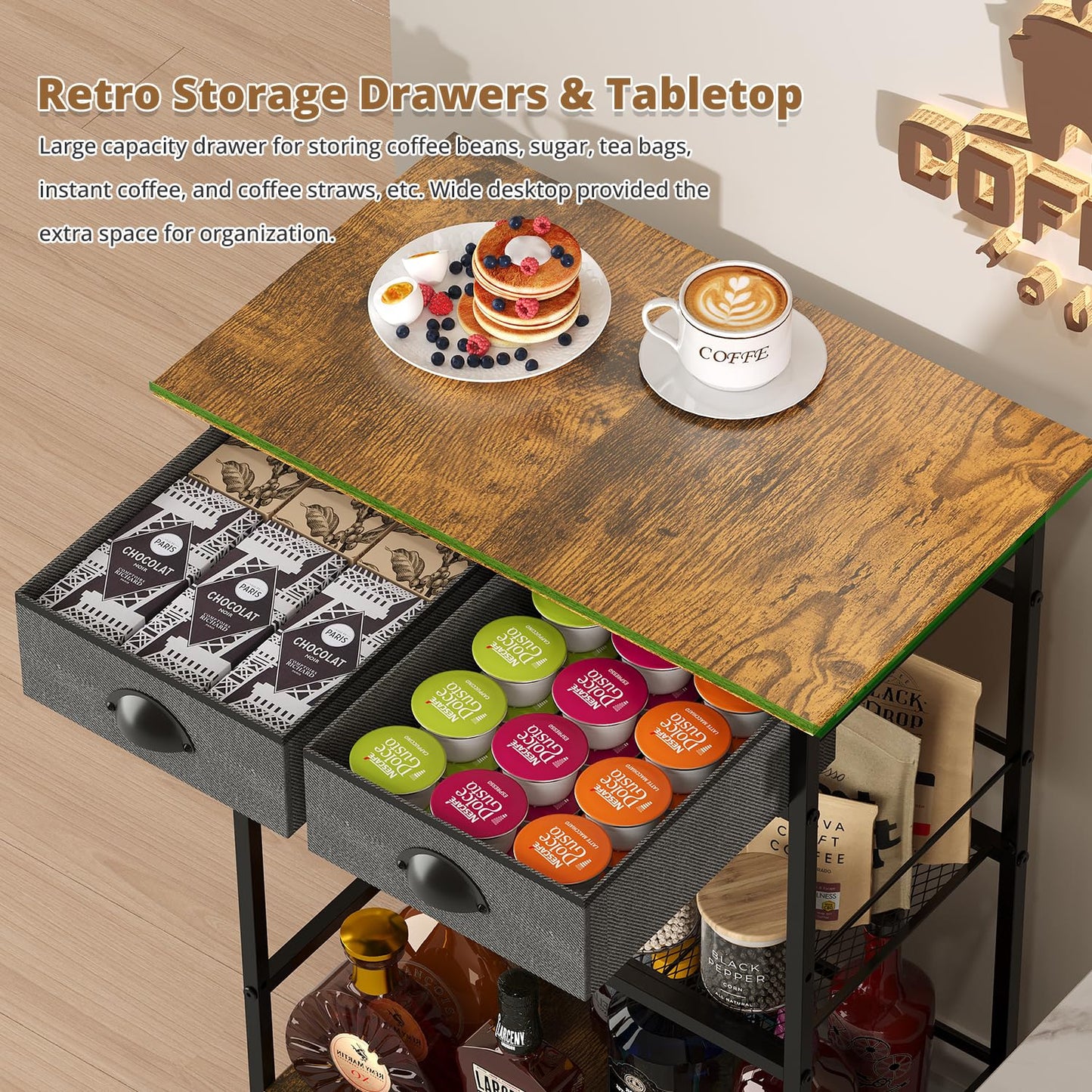 X-cosrack Coffee Bar Stand Station with 2 Storage Drawers, 3-Tier Farmhouse Corner Coffee Table & Cabinet,Large Capacity Coffe Bar Organizer for Living Room, Entryway,Kitchen - Patent