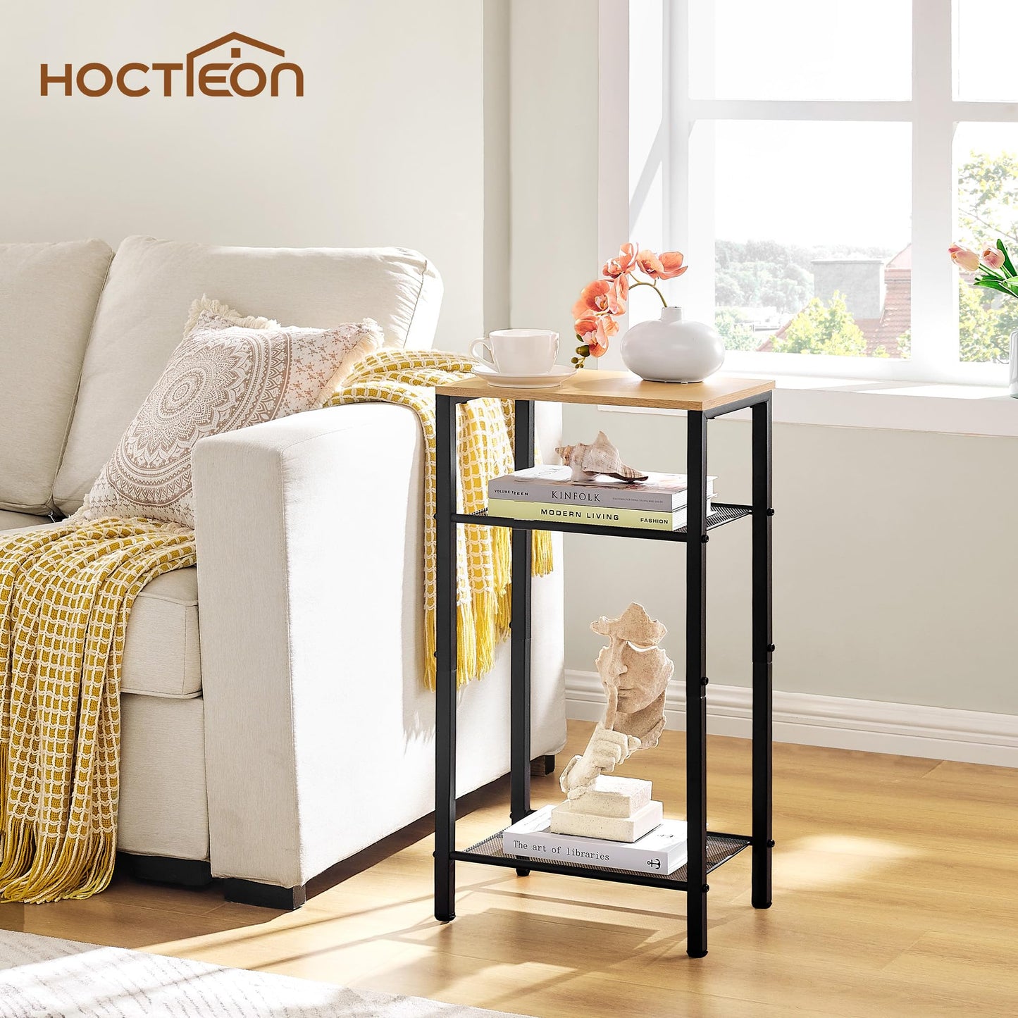Hoctieon 2-Set 3 Tier End Table, Telephone Table Set of 2, Tall Side Table with Storage Set of 2, Small Nightstand for Small Spaces, Metal Frame, Black+Yellow Oak