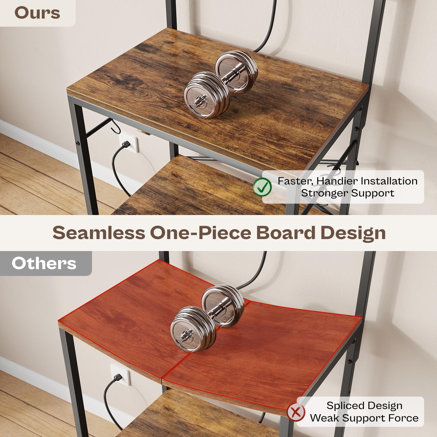 SUPERJARE Kitchen Bakers Rack with Power Outlet, Coffee Bar Table 4 Tiers, Kitchen Microwave Stand with 6 S-shaped Hooks, Storage Shelf Rack for Spices, Pots and Pans - Rustic Brown