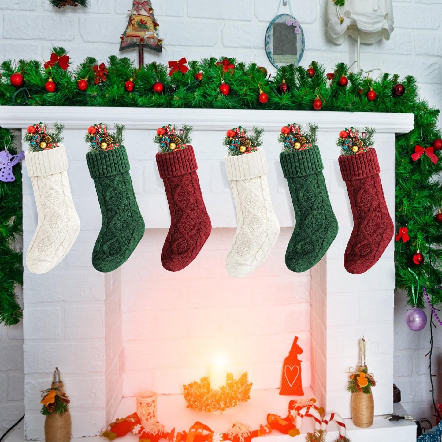 VIBILIA Christmas Stockings 6 Pack, 18 Inches Large Size Knitted Xmas Stocking for Fireplace, Holiday Party Decorations (Green White Red)
