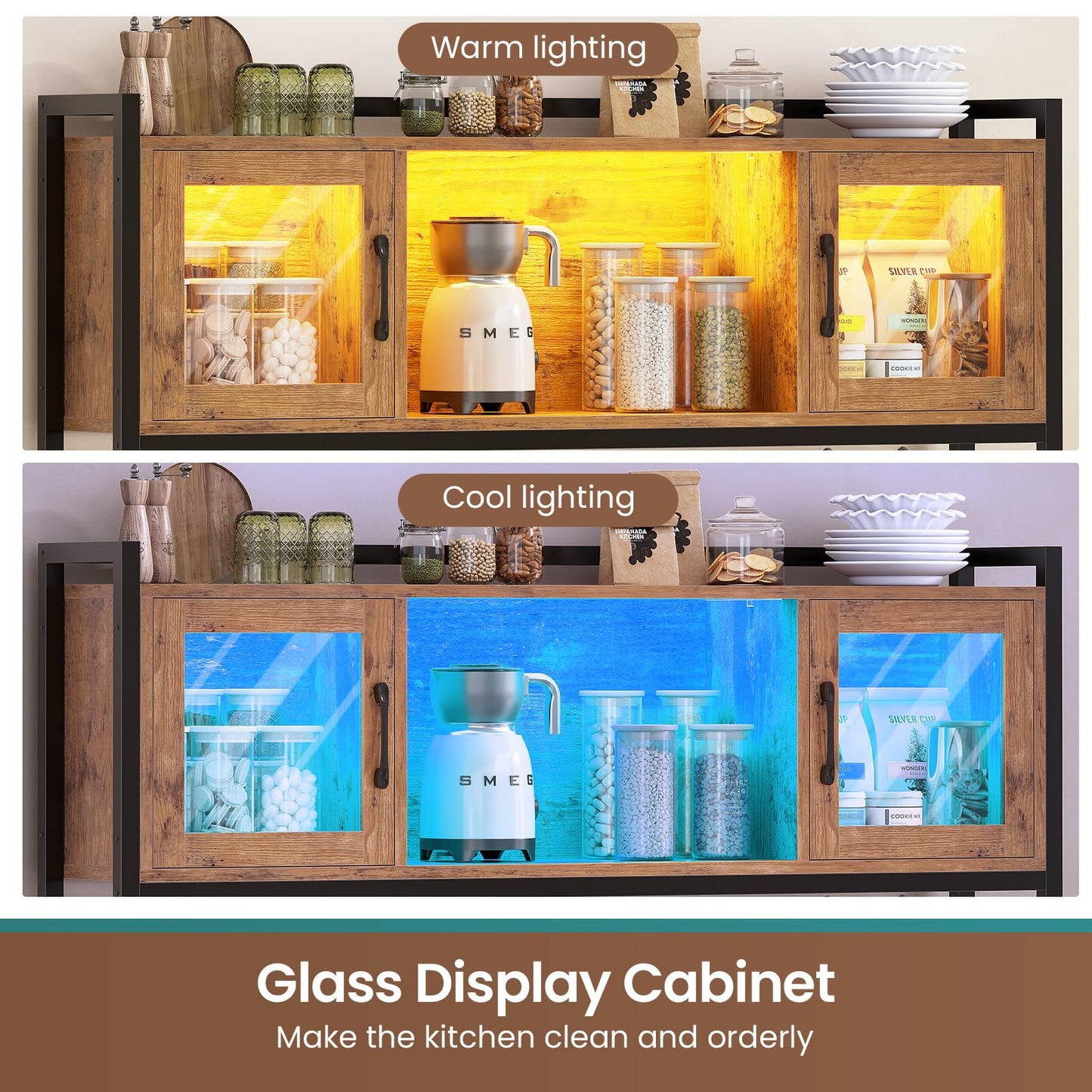 Itaar 47.2 Inch Coffee Bar Cabinet with Power Outlet, Farmhouse Bakers Rack with Storage, Kitchen Microwave Stand with Wine Rack, LED Light, Glass Cabinet, Goblet Holder and 12 Hooks (Rustic Brown)