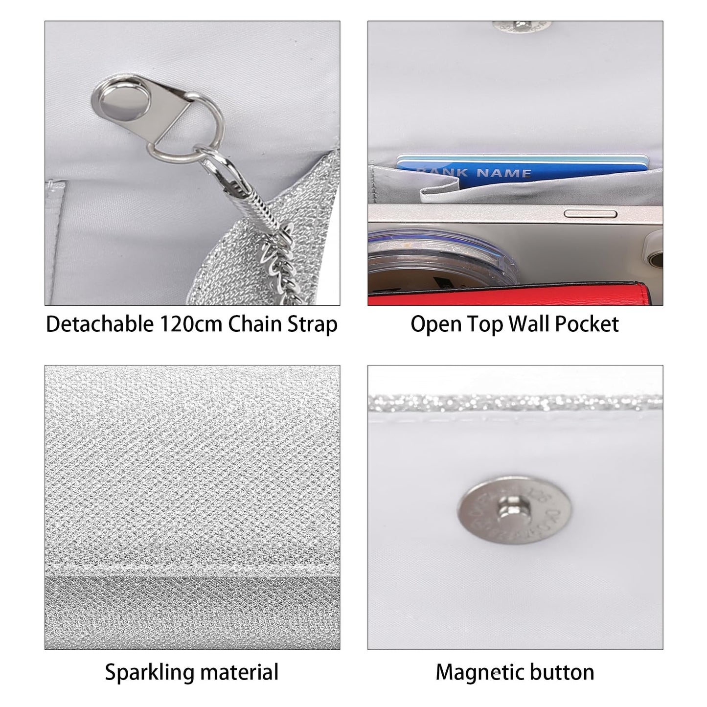 RNIEGA Clutch Purses for Women, Evening Bag with Detachable Chain Ladies Sparkling Party Handbag Wedding Bags