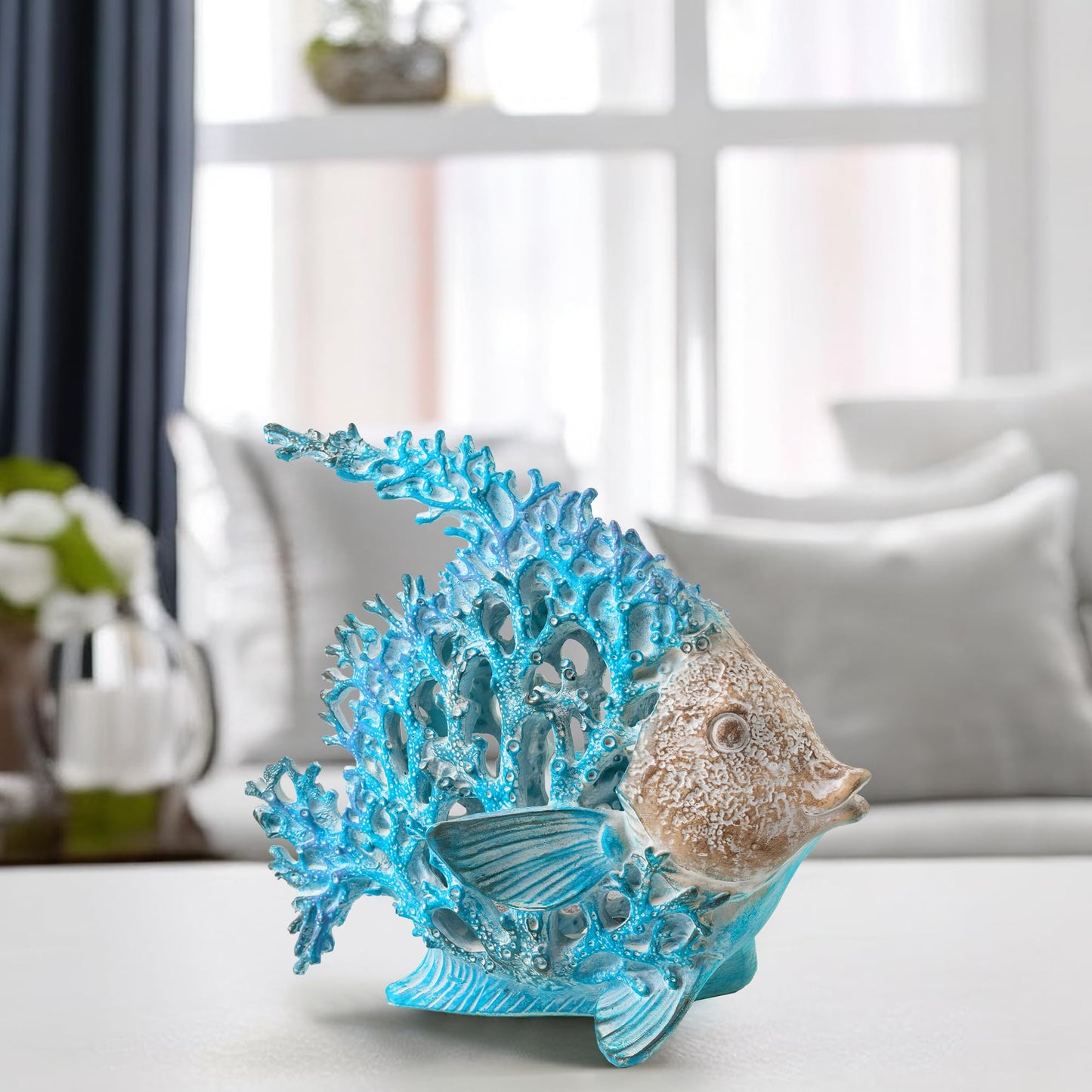 VVGIFTS Beach Coastal Decor Coral Reef Angelfish Home Office Desk Decor Sculpture Statue for Tabletop Shelf Bathroom Decoration Ornament Gift (Turquoise and Blue)