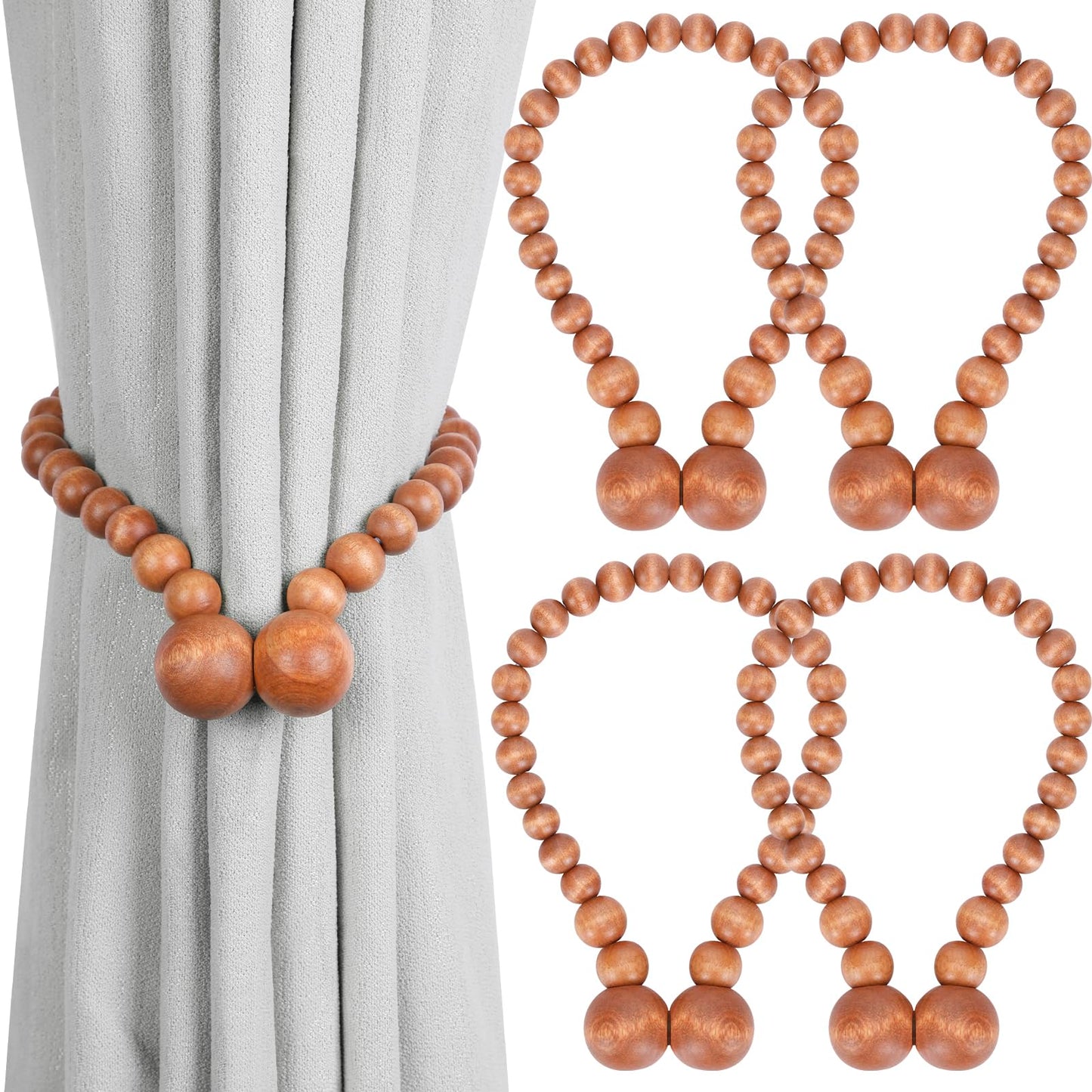 Magnetic Curtain Tiebacks, Curtain Tie Backs for Curtains 2 Pack, Wood Bead Curtain Tiebacks, Curtain Holders for Boho Bedroom Decor, Baby Nursery Decor, Farmhouse Decor
