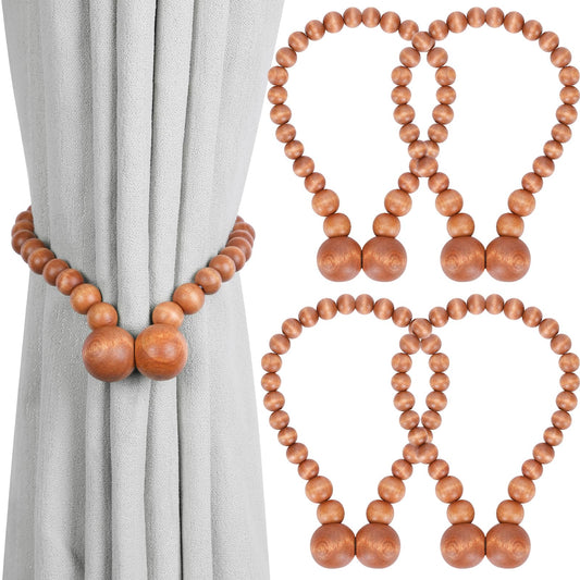 Magnetic Curtain Tiebacks, Curtain Tie Backs for Curtains 2 Pack, Wood Bead Curtain Tiebacks, Curtain Holders for Boho Bedroom Decor, Baby Nursery Decor, Farmhouse Decor
