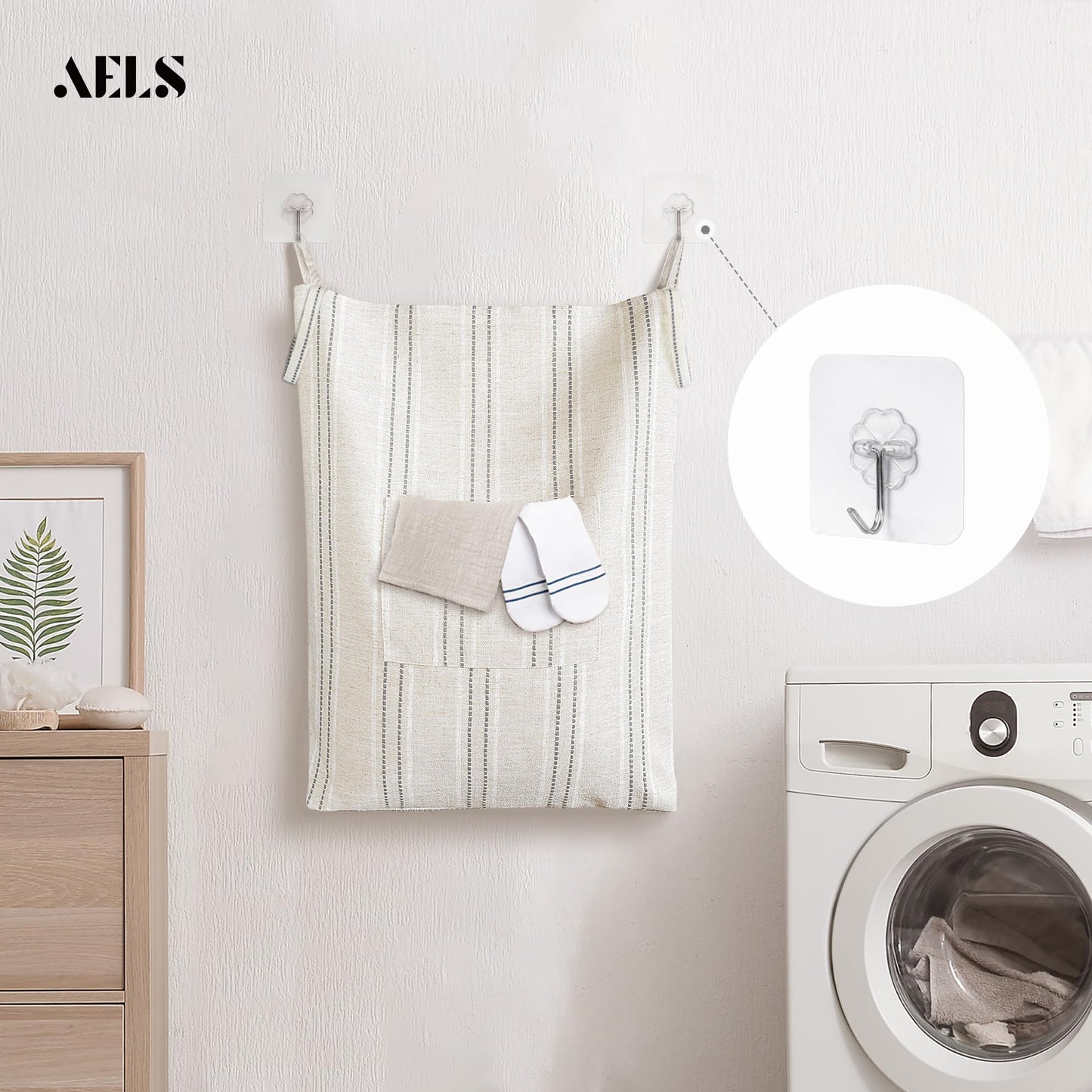 AELS Farmhouse Hanging Laundry Hamper with 2 Hooks, Boho Beige & Gray Stripes Laundry Bag with Zipper & Wide Open Top, Over the Door Organizer for Dirty Clothes, Washable Space Saving Storage