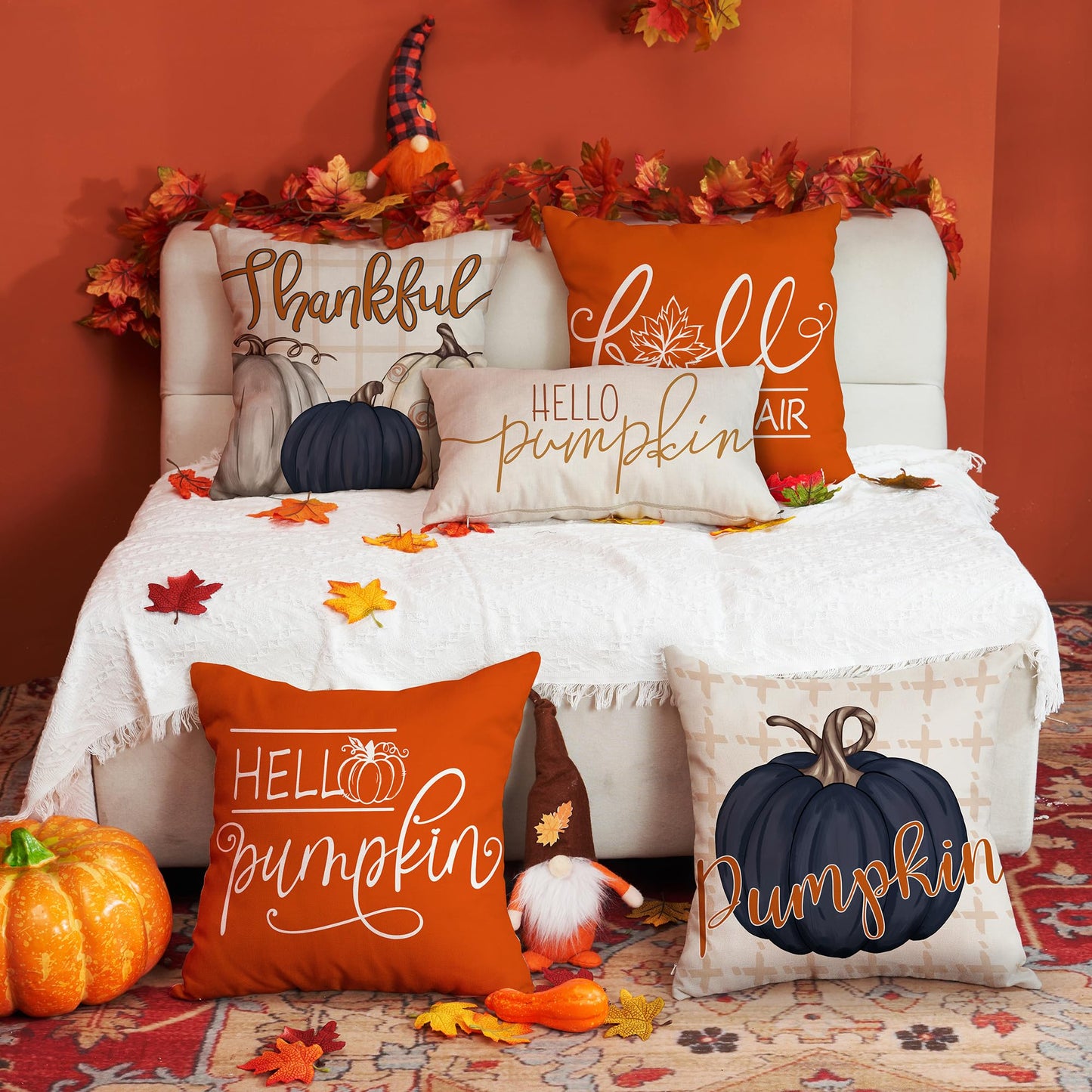 DFXSZ Fall Pillow Covers 18x18 inch Set of 4 Buffalo Plaid Fall Blue Pumpkin Throw Pillow Cover Autumn Thanksgiving Decoration for Home Couch Bed