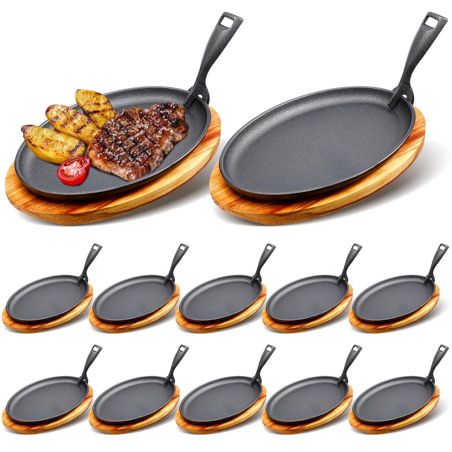 FoldTier 12 Sets Cast Iron Skillet Set 10.63'' x 6.89'' Fajita Plate Sizzling Pan with Wooden Base Anti Scald Protection Removable Handle for Restaurant Kitchen Cooking Accessory BBQ Party