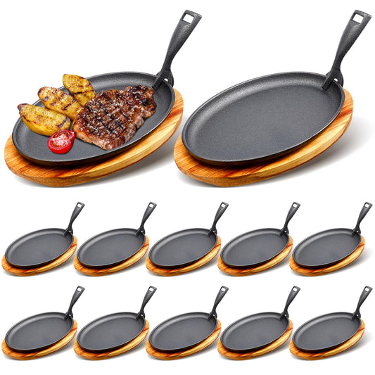 FoldTier 12 Sets Cast Iron Skillet Set 10.63'' x 6.89'' Fajita Plate Sizzling Pan with Wooden Base Anti Scald Protection Removable Handle for Restaurant Kitchen Cooking Accessory BBQ Party