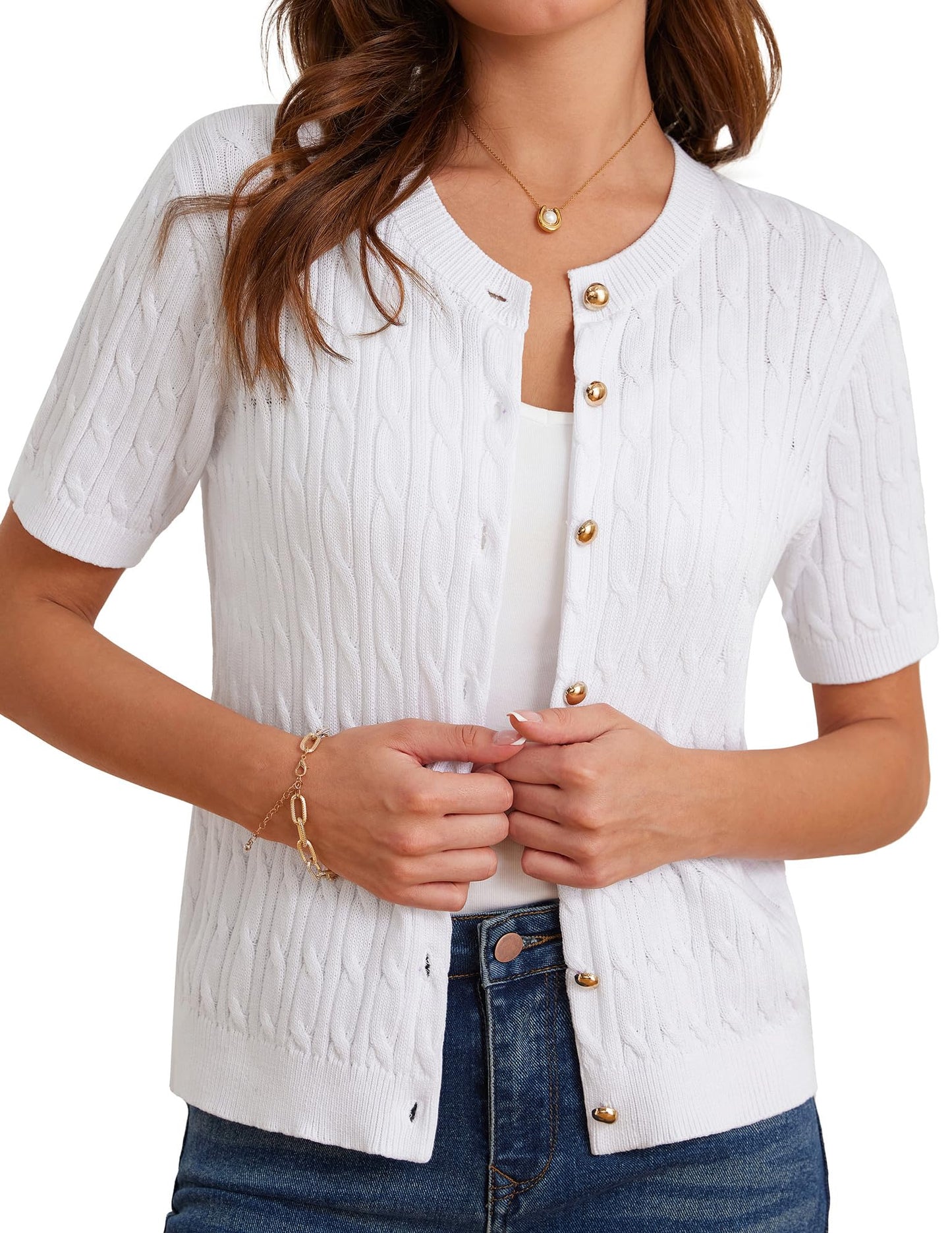 GRACE KARIN Women's Short Sleeve Sweater Cardigan Button Up White Sweater Cable Knit Soft Dressy Cardigan M