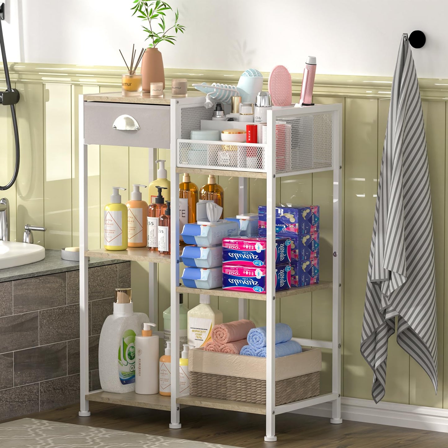 Coffee Bar Station with Drawer, 6 Tier Coffee Table with Dividers for Organizing, 3 Tier White Storage Stand for Living Room/Kitchen/Bathroom