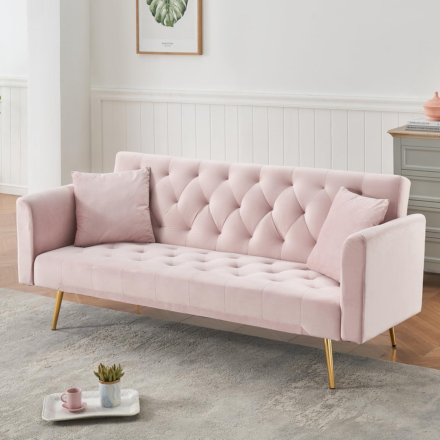 71" Modern Velvet Sofa Bed Futon, Convertible Sleeper Couch with Adjustable Backrest, Tufted Recliner Loveseat with Golden Chrome Legs & 2 Pillows for Small Spaces, Living Room, Apartment (Pink)