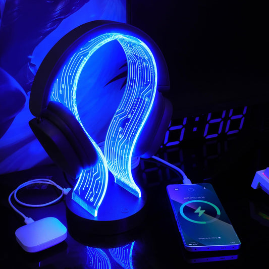 Lampeez Light Up Headphone Stand, Acrylic Desk Accessory Headset Holder with PCB Pattern and 16 Color LED Lights, 1 USB and 1 Type-C Charging Ports, for Gamers Music Lovers Boys Men