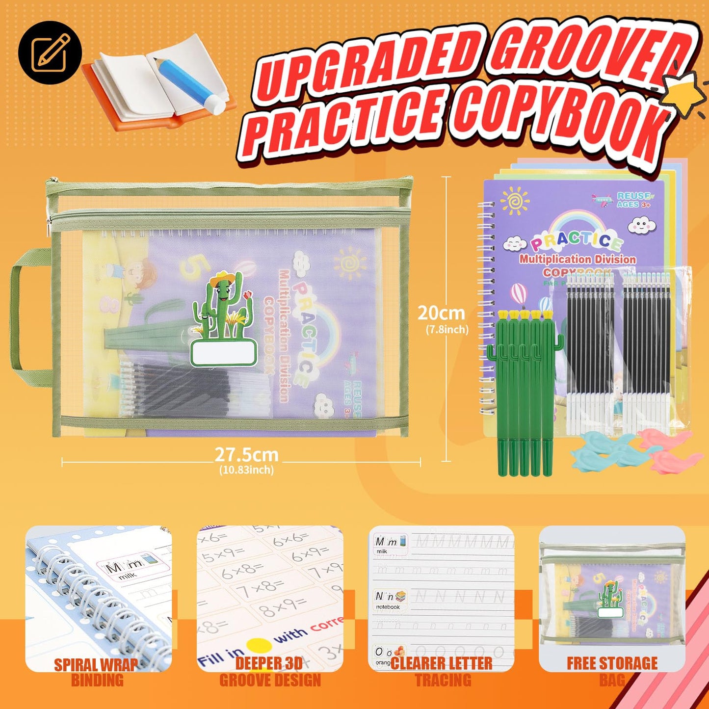 Magic Practice Copybook, Reusable Writing Practice Book, Grooved Handwriting Copybook Set for Preschool Kids Age 3-8 Calligraphy 5.7 * 7.9 inch (5 PCS with 5 Cactus Pens & A Storage Bag)