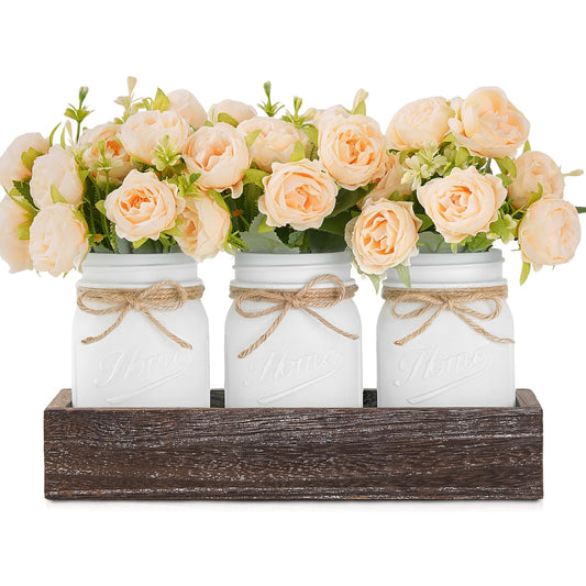 KIVIVO Mason Jar Centerpiece Table Decorations, Kitchen Table Centerpieces for Dining Room, Spring Coffee Table Decor with Peonies Artificial Flowers, Wood Tray, Farmhouse Centerpieces for Tables