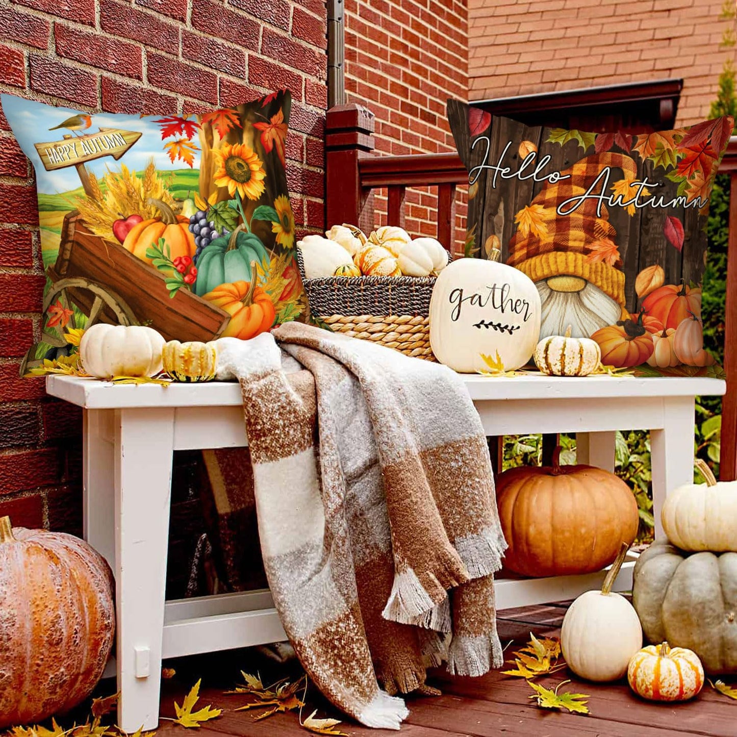 Ywlake 18x18 Fall Pillow Covers Set of 4, Pumpkin Gnomes Decorative Holiday Pillow Case 18 Inch Autumn Cushion Covers Thanksgiving Pillowcase for Indoor Home Bedroom Couch Sofa Decor