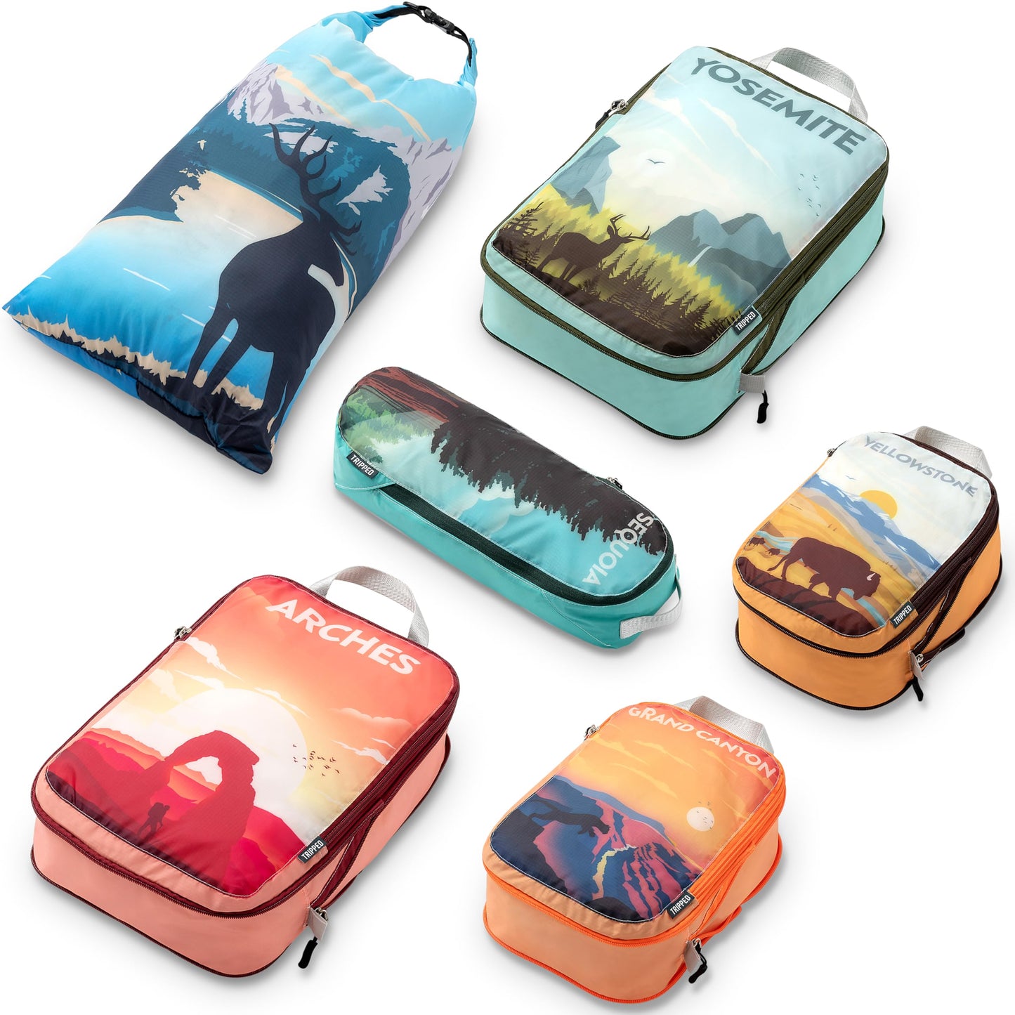 Compression Packing Cubes 6 Piece Set for Travel - Lightweight, Durable Clothes Organizer for Carry-On Luggage and Backpacks by TRIPPED Travel Gear (National Park)