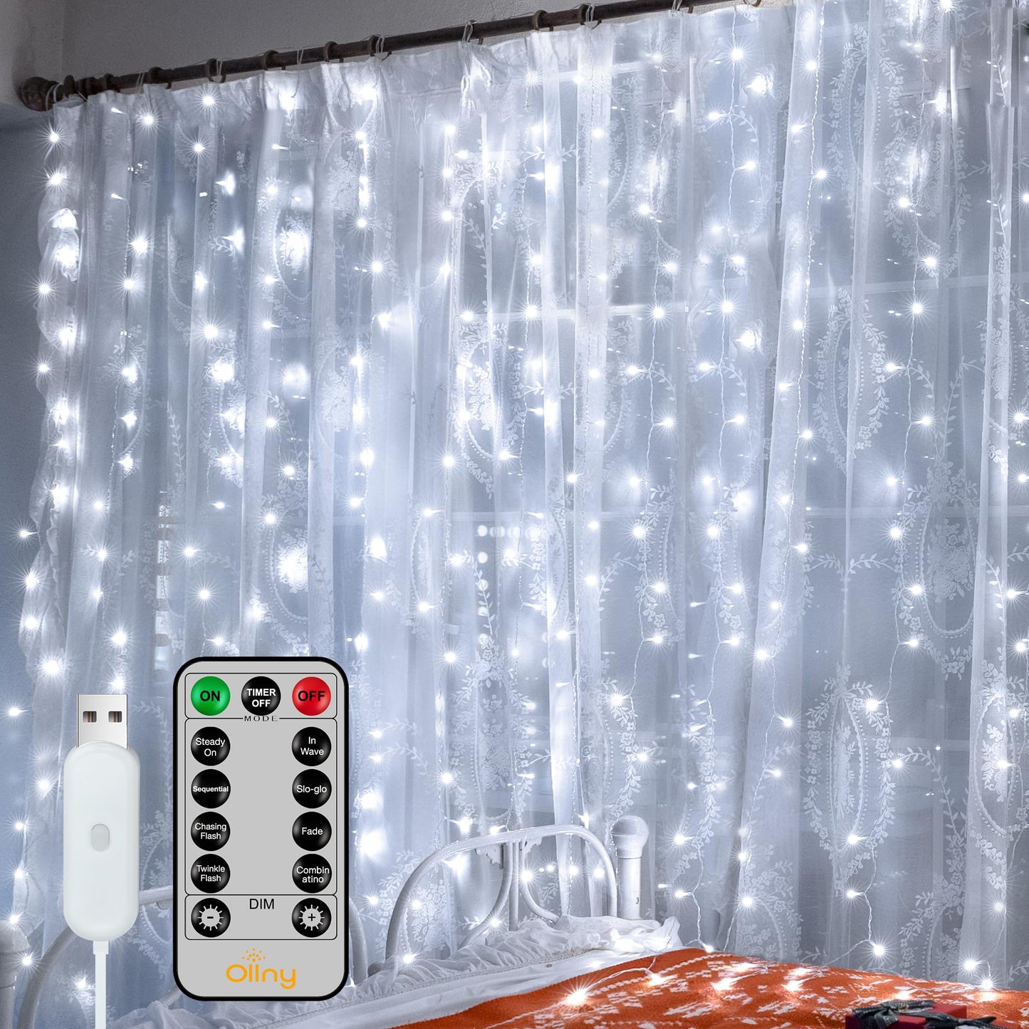 Ollny Curtain Lights 6.6x6.6ft, 200 LED String Lights with Remote 8 Modes Dimmable Timer, USB Power Fairy Light for Bedroom Backdrop Indoor Wall Window Wedding Decor, Warm White