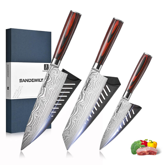SANDEWILY Japanese Kitchen Chef Knife Set & Sheaths 3PCS High Carbon Stainless Steel Ultra Sharp Knives 8" Chefs Knife 7" Cutting Knife 5" Utility Knife with Gift Box for Home Restaurant