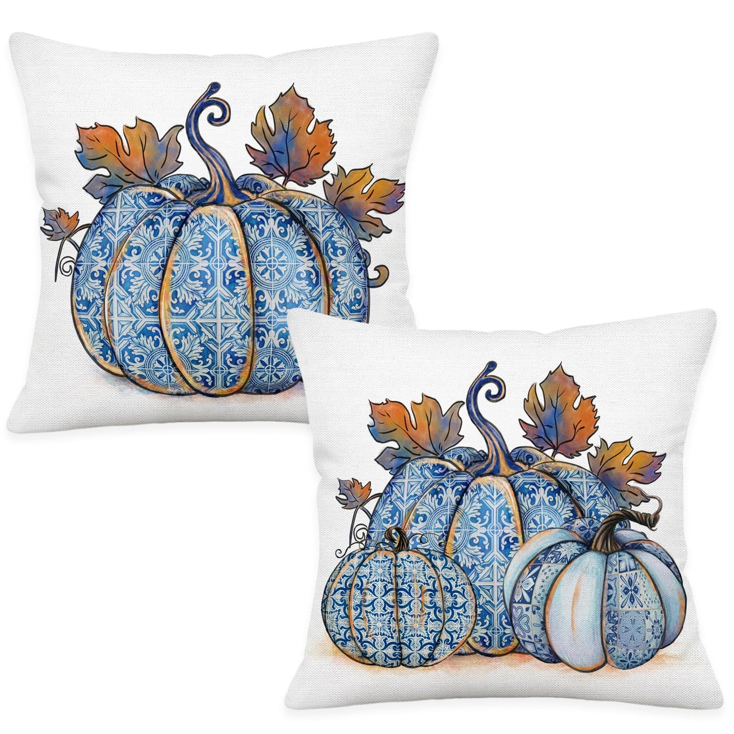 Puacino Fall Pumpjin Pillow Covers 18x18 Inch Set of 2, Blue Porcelain Pumpkin Decorative Pillow Cases for Couch Sofa, Autumn Harvest Farmhouse Decor Cushion Cover for Thanksgiving Home Decoration