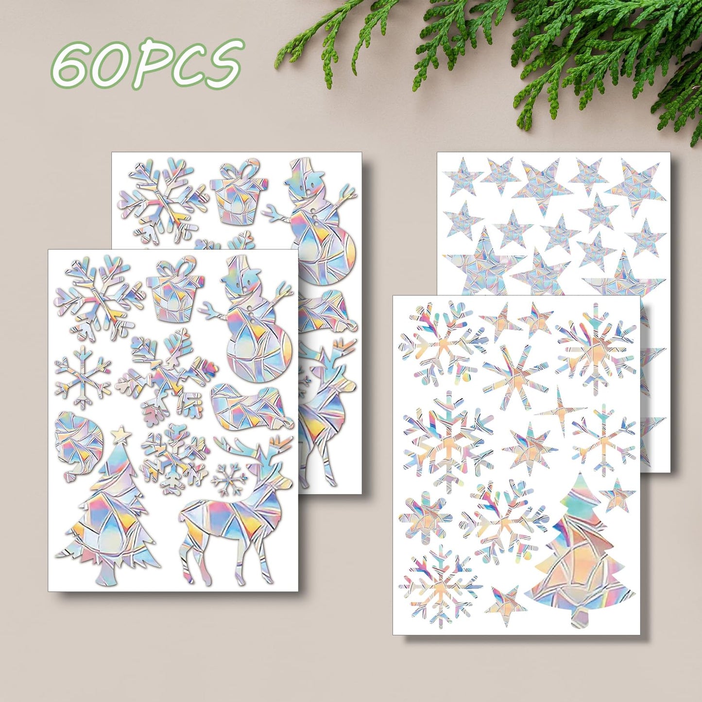4 Sheets Christmas Window Clings - Snowflake Decals & Stickers for Glass Windows, Holiday & Winter Decor - 60Pcs