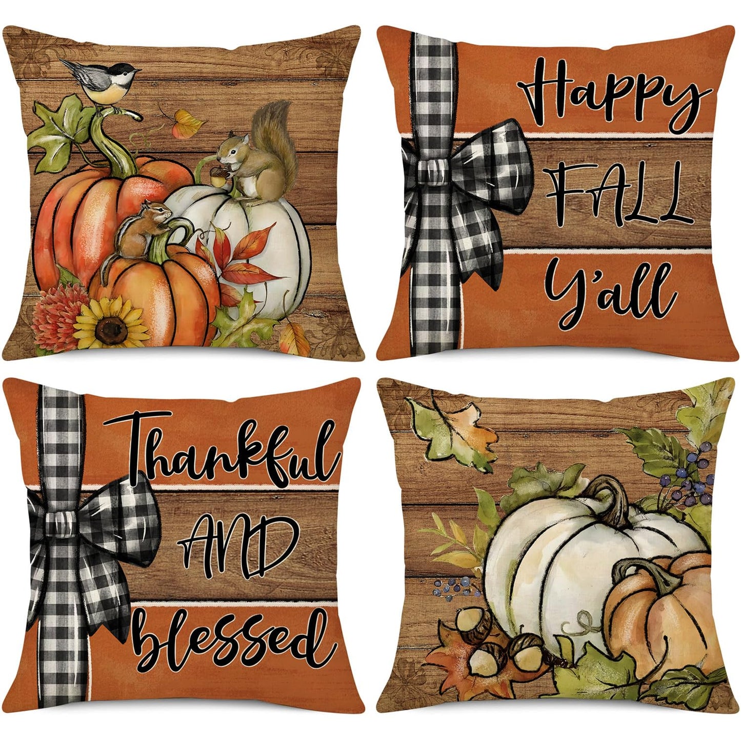NIGHTWISH Fall Pillow Covers 18x18 Set of 4 Thanksgiving Decorations Squirrel Chestnut Pumpkin Outdoor Fall Decor Throw Pillow Covers Wood Striped Farmhouse Harvest Autumn Cushion Case for Sofa Couch