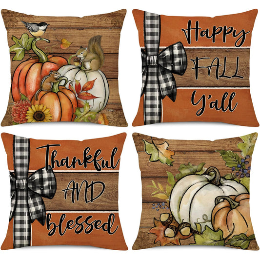 NIGHTWISH Fall Pillow Covers 18x18 Set of 4 Thanksgiving Decorations Squirrel Chestnut Pumpkin Outdoor Fall Decor Throw Pillow Covers Wood Striped Farmhouse Harvest Autumn Cushion Case for Sofa Couch