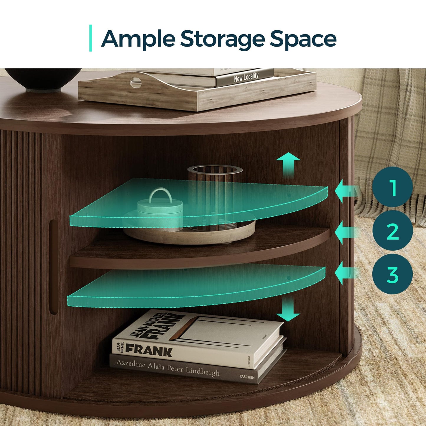LINSY HOME Round Coffee Table, 31.5" Drum Coffee Table with Sliding Tambour Door, Fluted Accent Center Table with Storage, Mid Century Modern Coffee Table for Living Room, Walnut