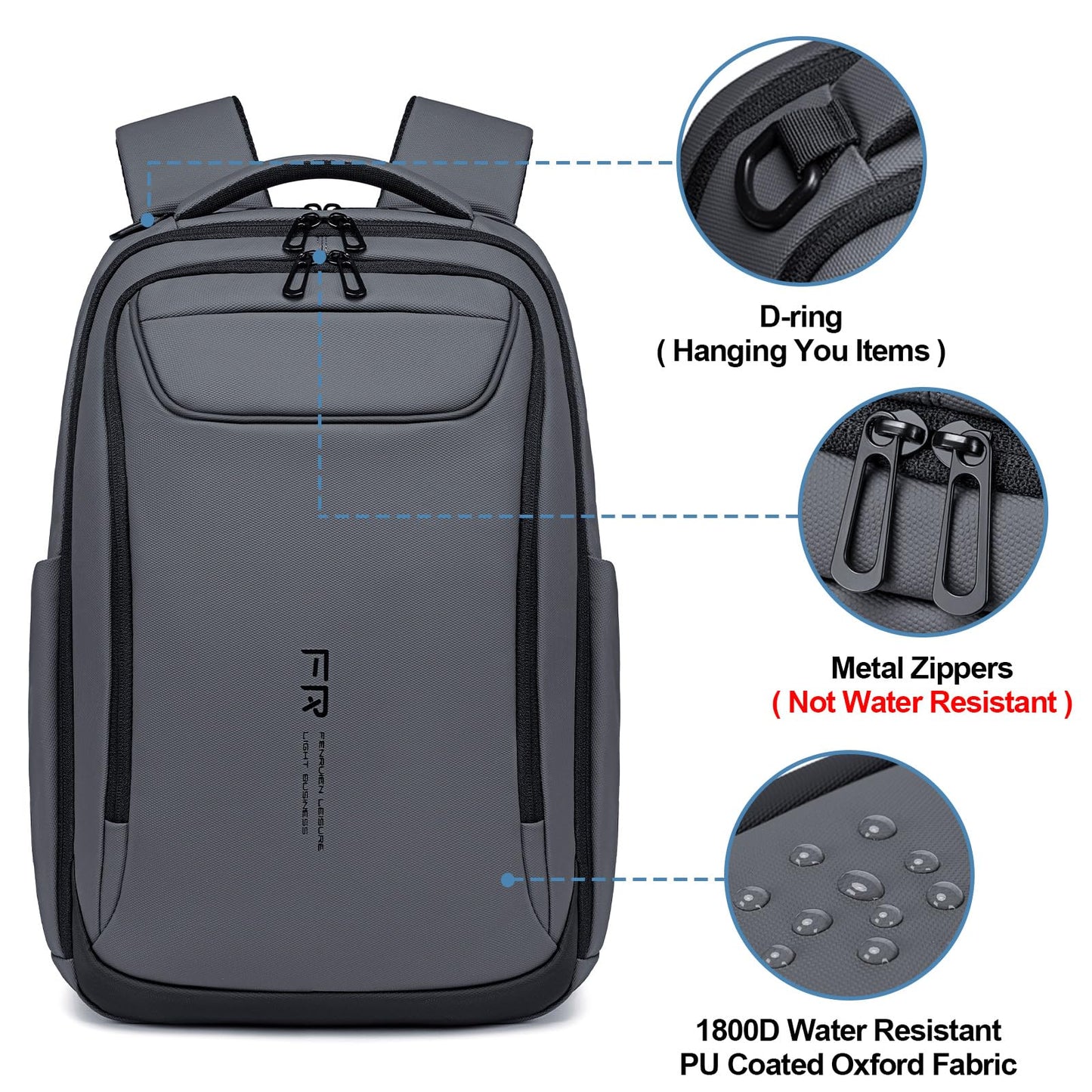 FENRUIEN Work Backpack for Men,Water Resistant Smart Backpack with USB Charging Port,Grey Laptop Bag 15.6 Inch