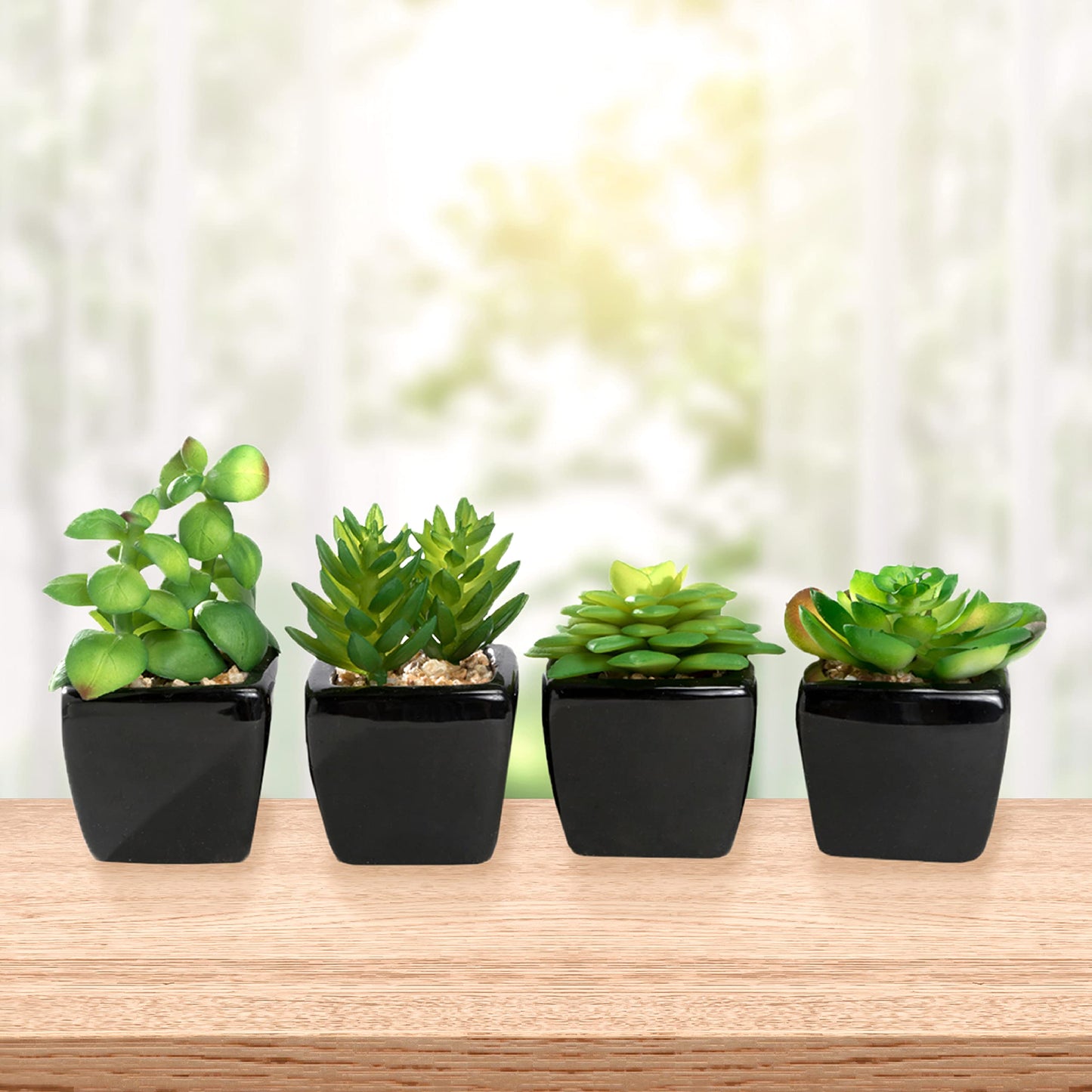 Nattol Modern Mini Artificial Succulent Plants Potted in Cube-Shape Black Ceramic Pots for Home Decor, Set of 4