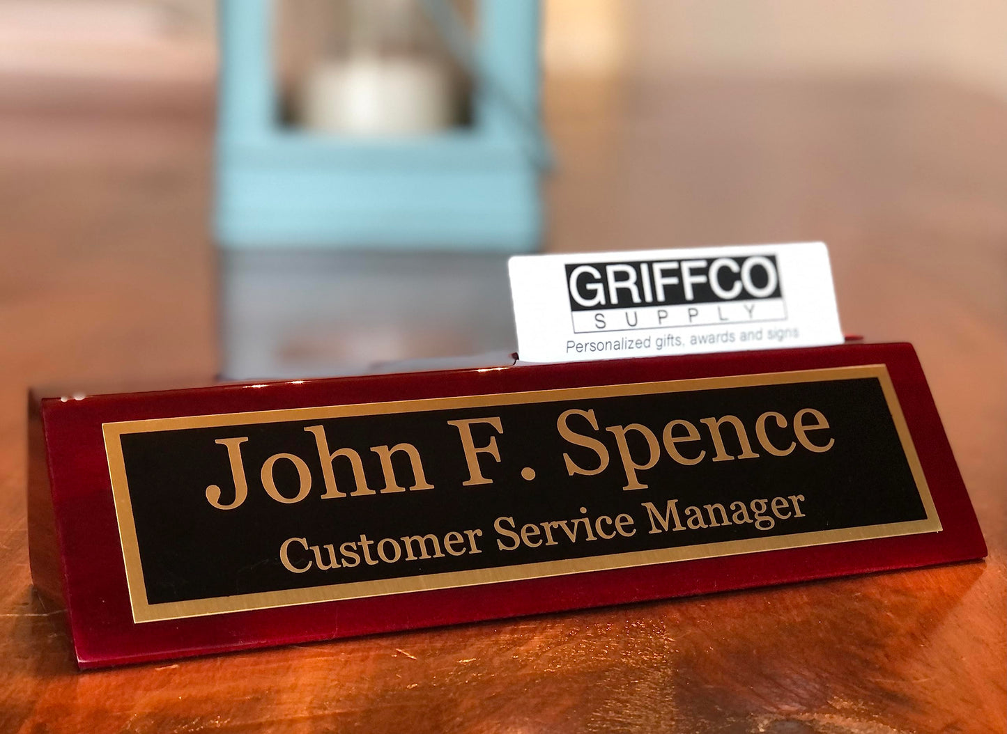 Name Plate for Desk Engraved in USA by Griffco Supply | Desk Name Plate Personalized Engraved with Business Card Holder