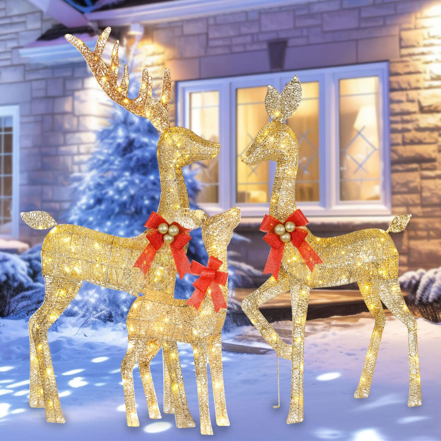 Lighted Christmas Decoration Deer 3 Piece, HOYECHI Light up Christmas Decor Reindeer Family Set for Indoor Outdoor Front Yard Porch with LED Lights, Plug, Ground Stakes - Gold