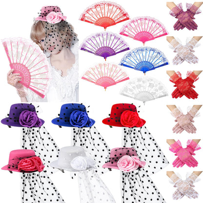 JaGely 18 Pcs Girls Tea Party Supplies Girls Mini Tea Party Hat and Gloves Lace Folding Fan