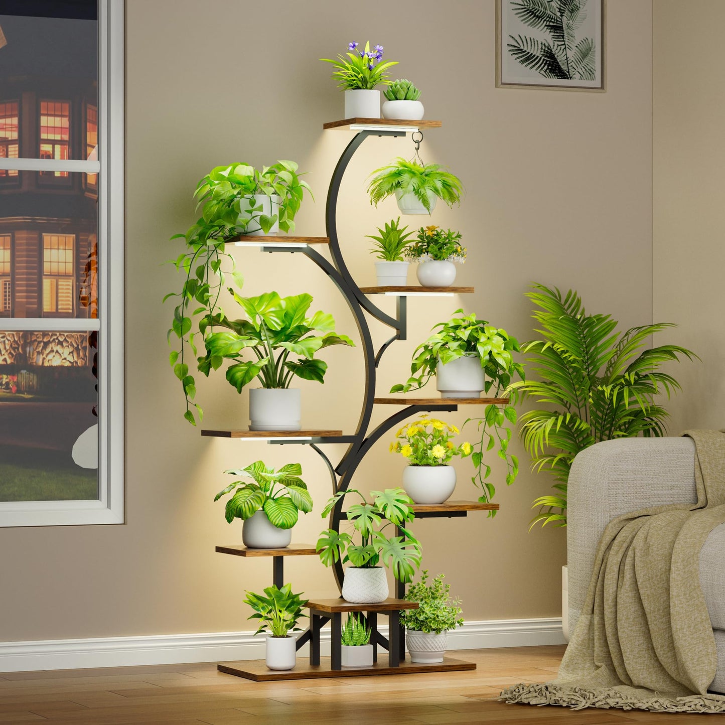Plant Stand Indoor with Grow Light: Lighted Plant Stands 54.6" Tall, 9 Tiered Large Plant Shelf for Indoor Growing, S-Shaped Flower Holder Display for Multiple Plants, Living Room, Patio (Black)