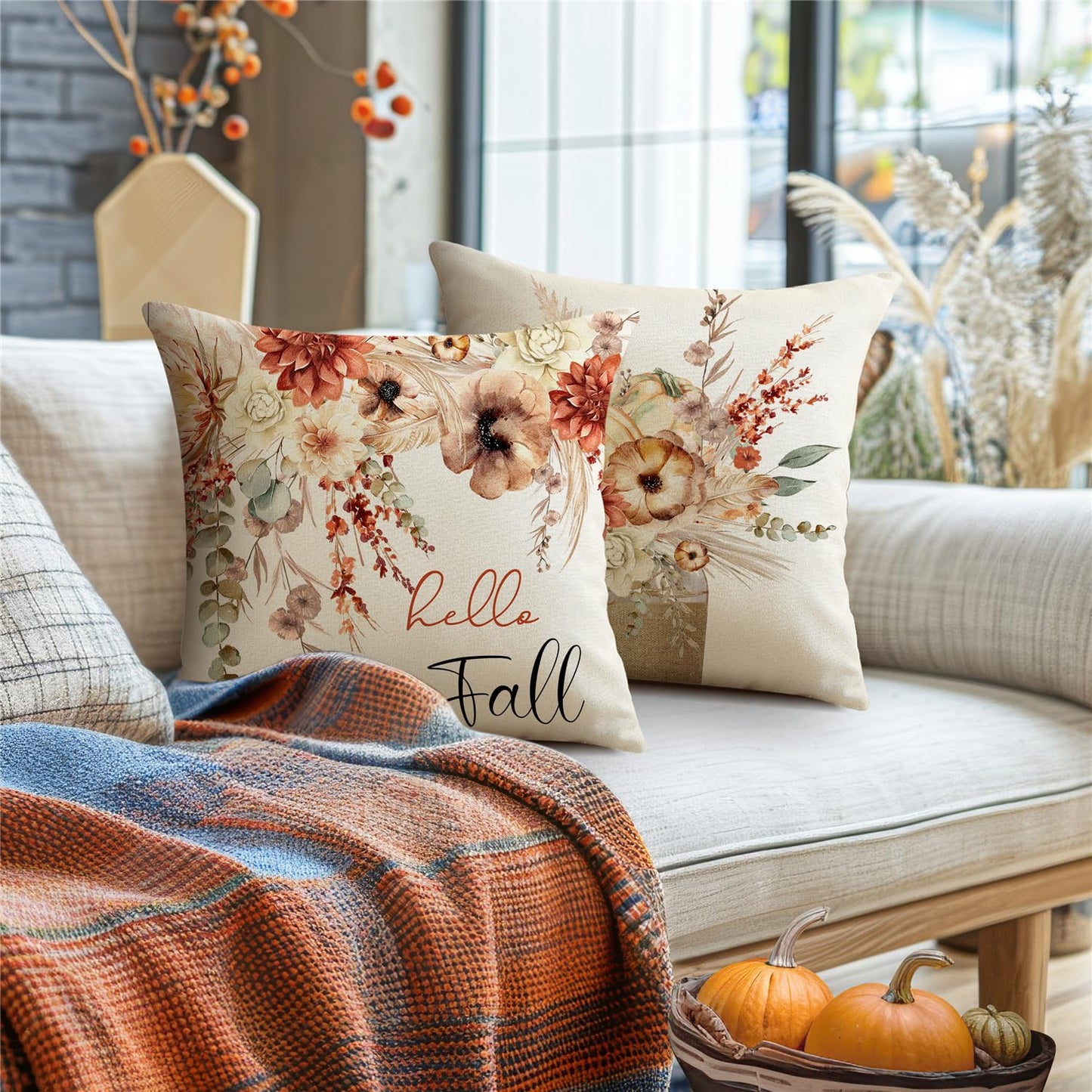 MODOVOS Fall Pumpkin Throw Pillow Covers Thanksgiving Farmhouse Decorations Wheat Floral Outdoor Fall Decor Pillow Covers 18x18 Set of 4 Harvest Autumn Cushion Case for Sofa Couch